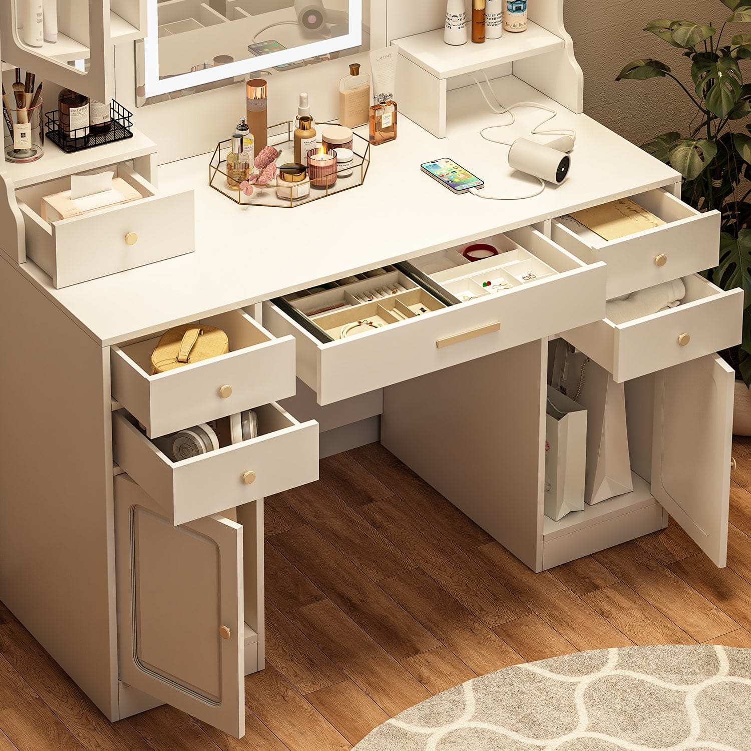 THE FURNITURE CO. Vanity Default Large Vanity Table Set Makeup Dressing Table with Mirror 6 Drawers Shelves In White