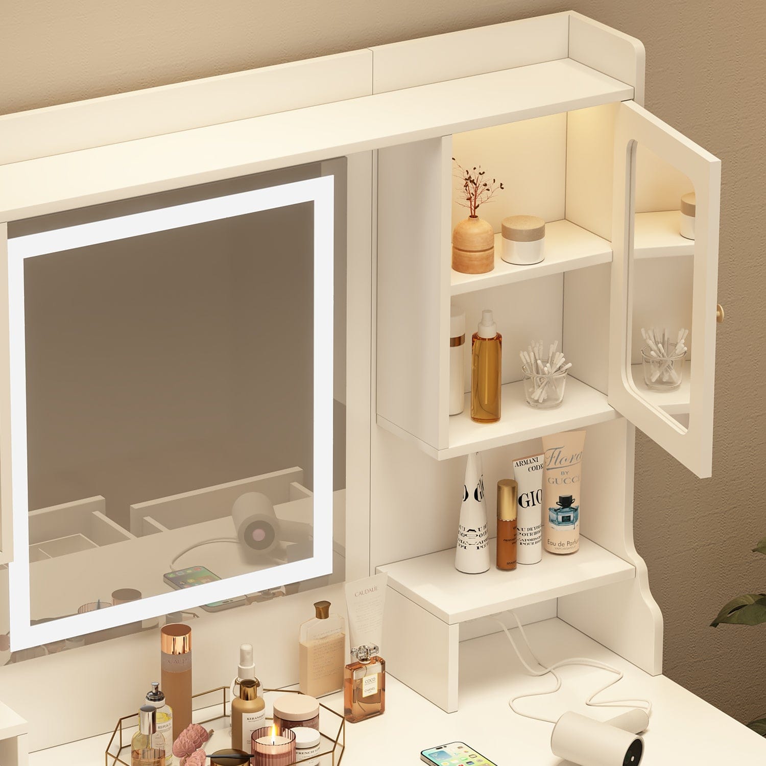 THE FURNITURE CO. Vanity Default Large Vanity Table Set Makeup Dressing Table with Mirror 6 Drawers Shelves In White