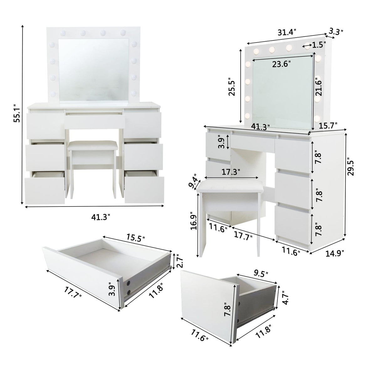 THE FURNITURE CO. Vanity Default Large White Vanity Tables with Mirror and Light In Matte White