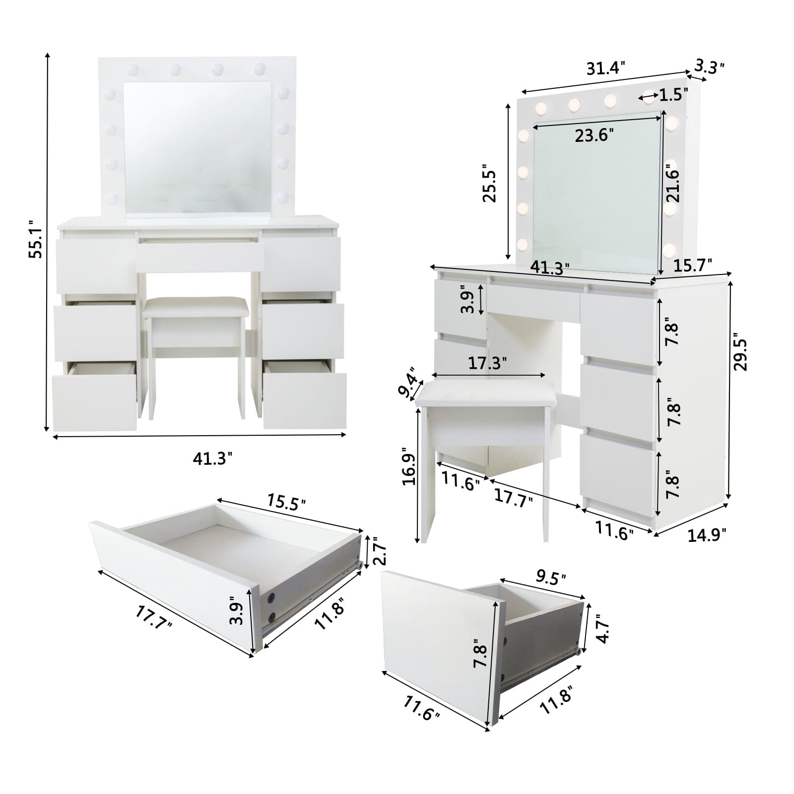 THE FURNITURE CO. Vanity Default Large White Vanity Tables with Mirror and Light In Matte White