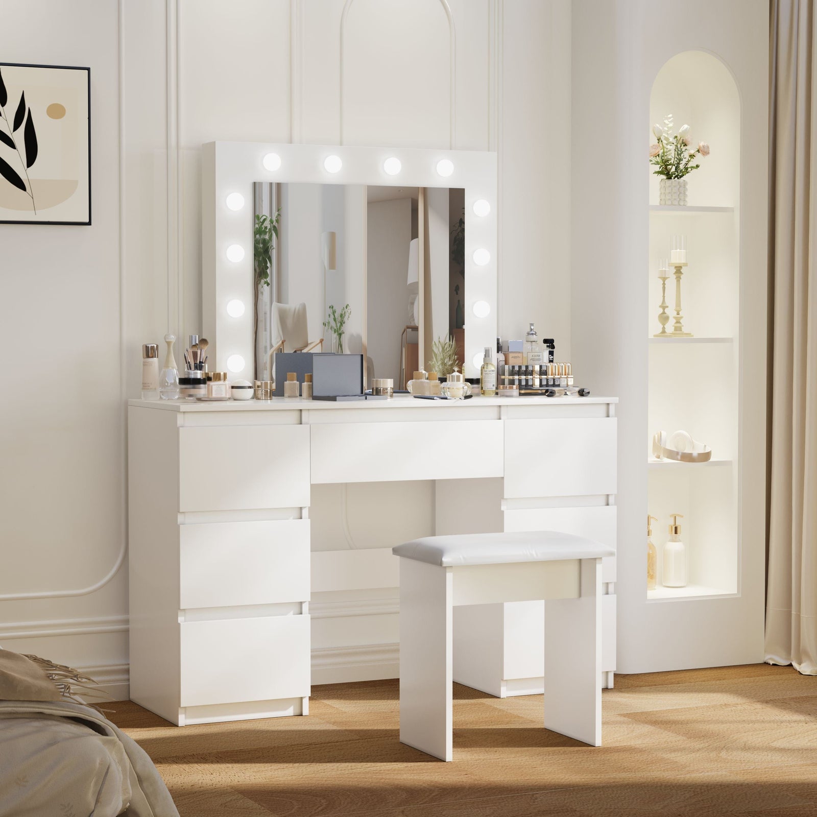 THE FURNITURE CO. Vanity Default Large White Vanity Tables with Mirror and Light In Matte White