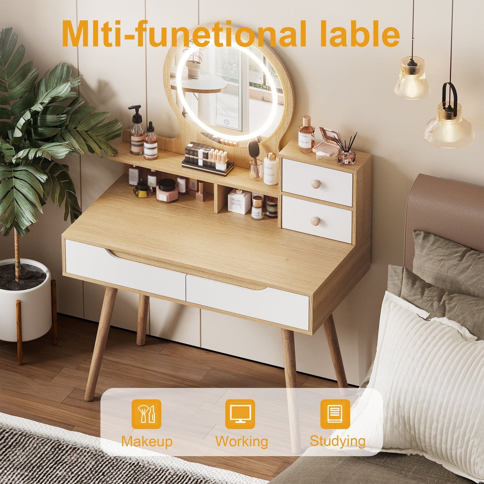 THE FURNITURE CO. Vanity Default Makeup Vanity Desk with 3 Adjustable Lighted Mirror and Solid Wood Feet Dressing Table Set with 4 Drawers and 3 Shelves in American White Oak