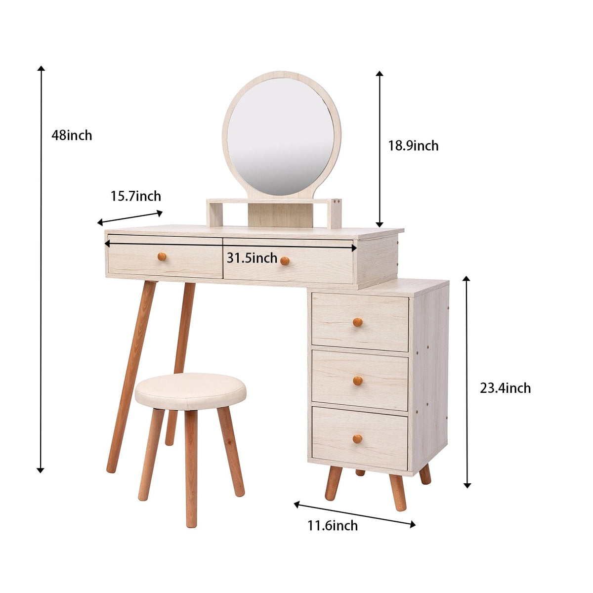 THE FURNITURE CO. Vanity Default Makeup Vanity Table with 5 Drawers and Mirror In American White Oak