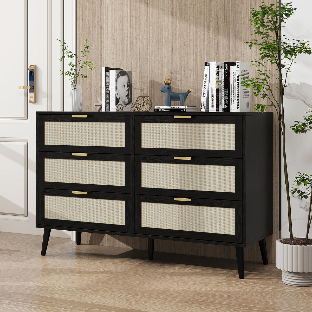 THE FURNITURE CO. Vanity Default Modern 6 Drawer Dresser Wood Cabinet for Storage In Black