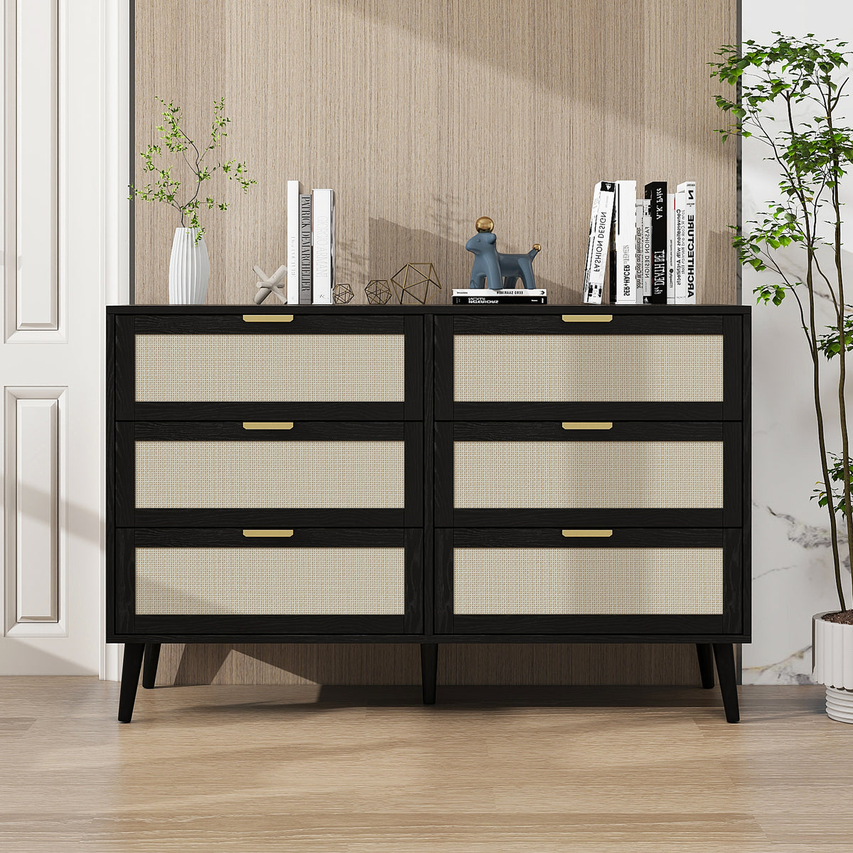 THE FURNITURE CO. Vanity Default Modern 6 Drawer Dresser Wood Cabinet for Storage In Black