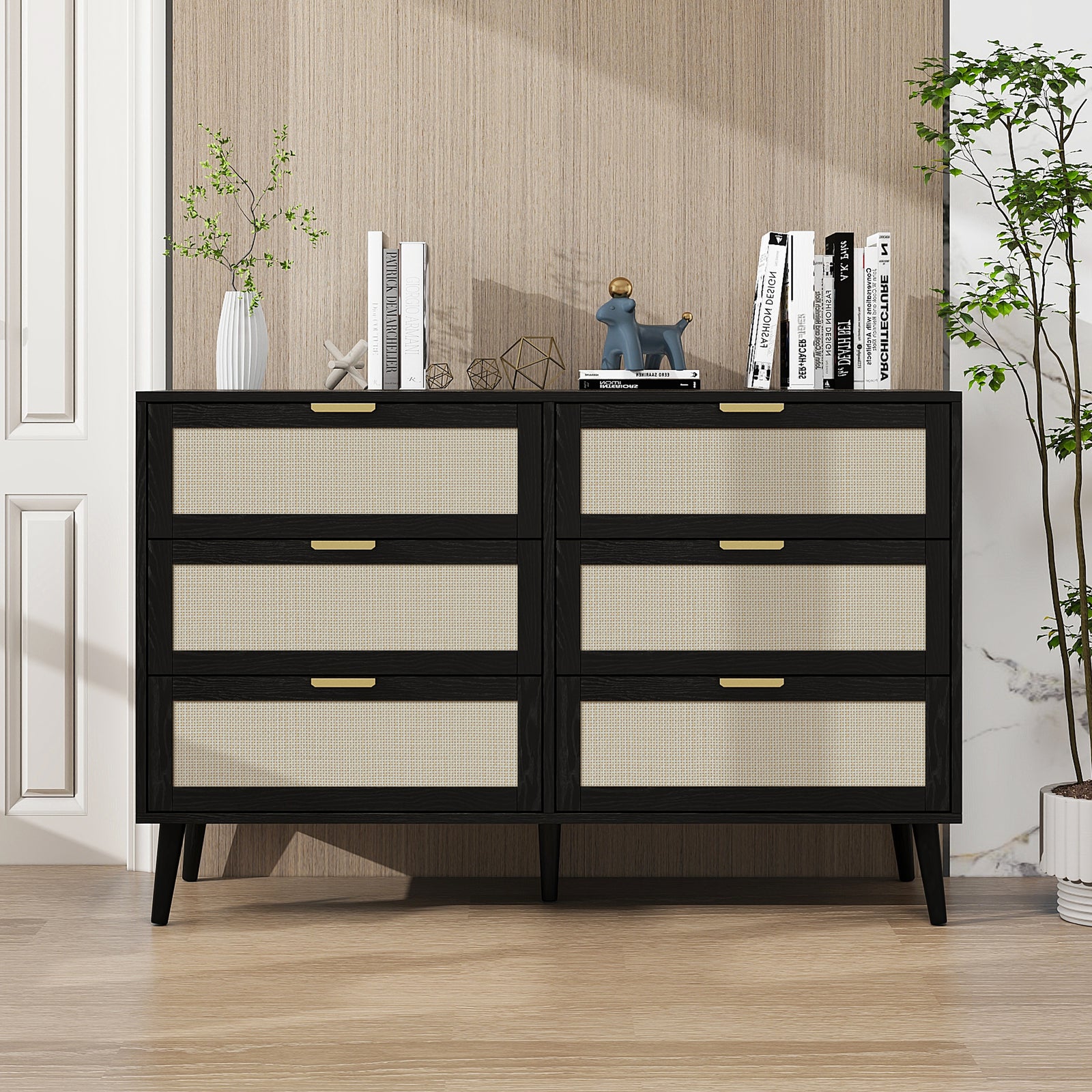 THE FURNITURE CO. Vanity Default Modern 6 Drawer Dresser Wood Cabinet for Storage In Black