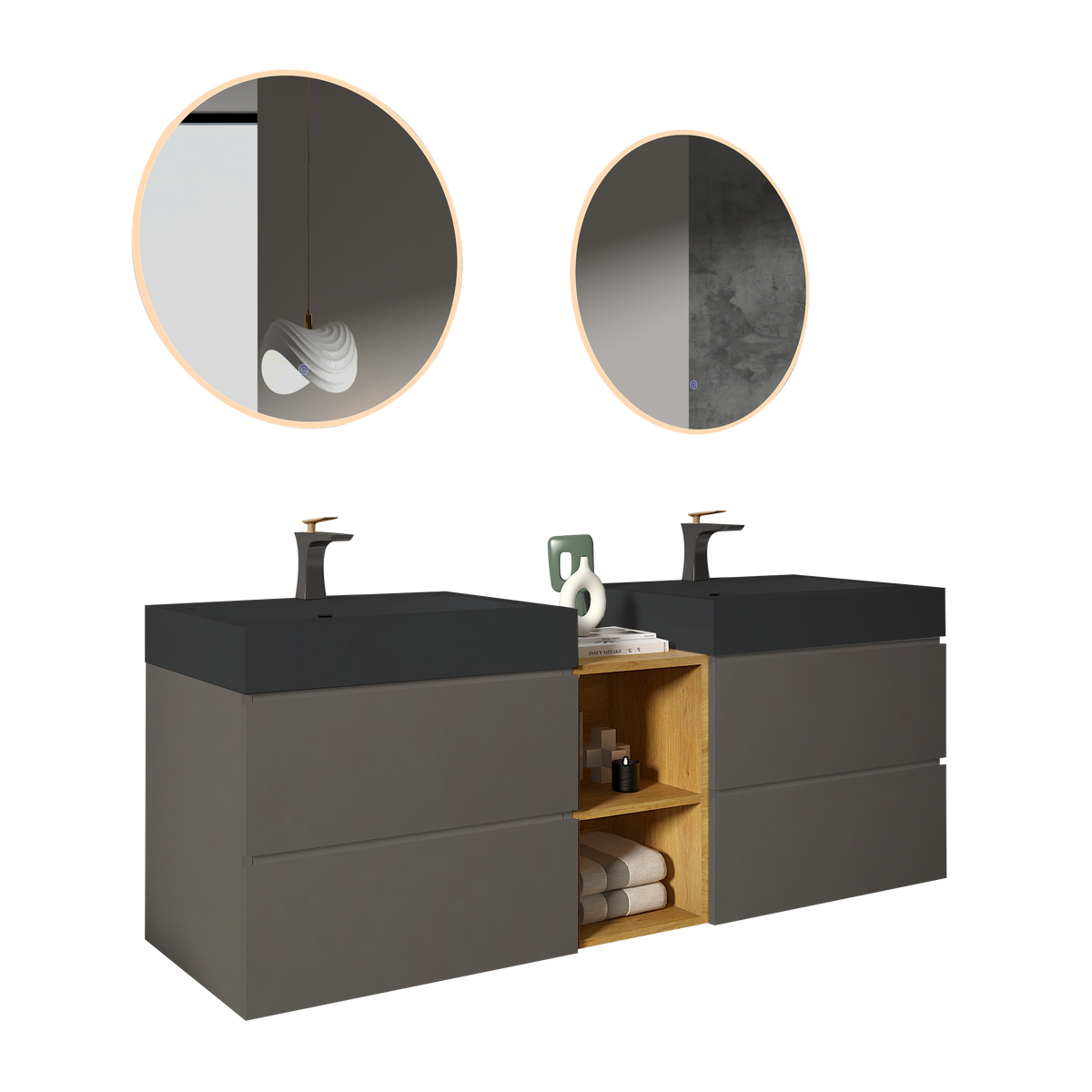 THE FURNITURE CO. Vanity Default Modern Space Gray Bathroom Vanity with Double Sinks and Open Shelf In Space Gray