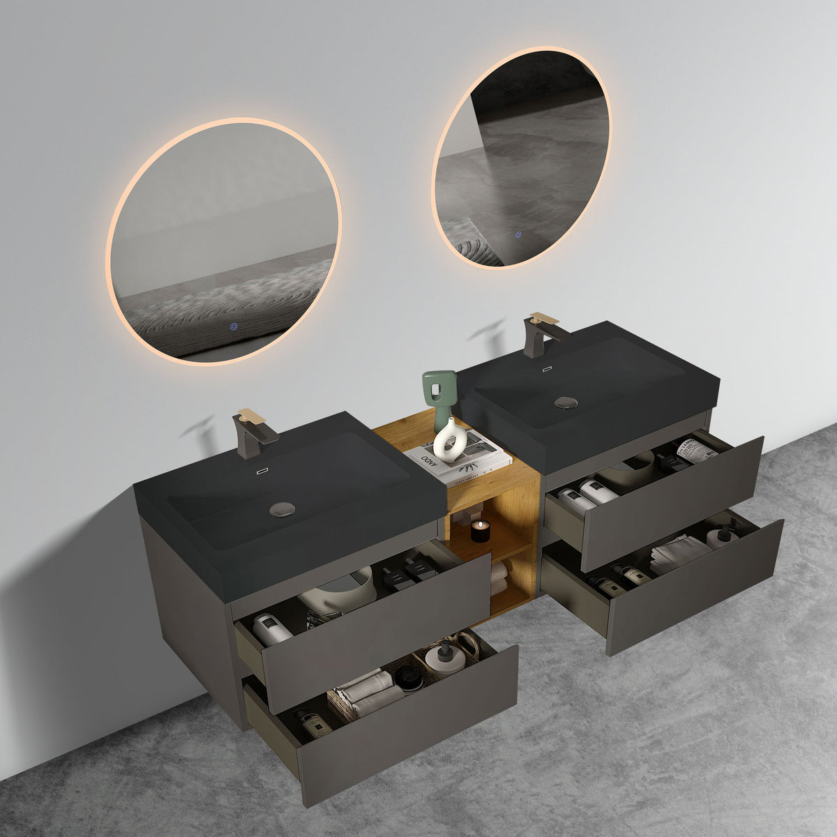 THE FURNITURE CO. Vanity Default Modern Space Gray Bathroom Vanity with Double Sinks and Open Shelf In Space Gray