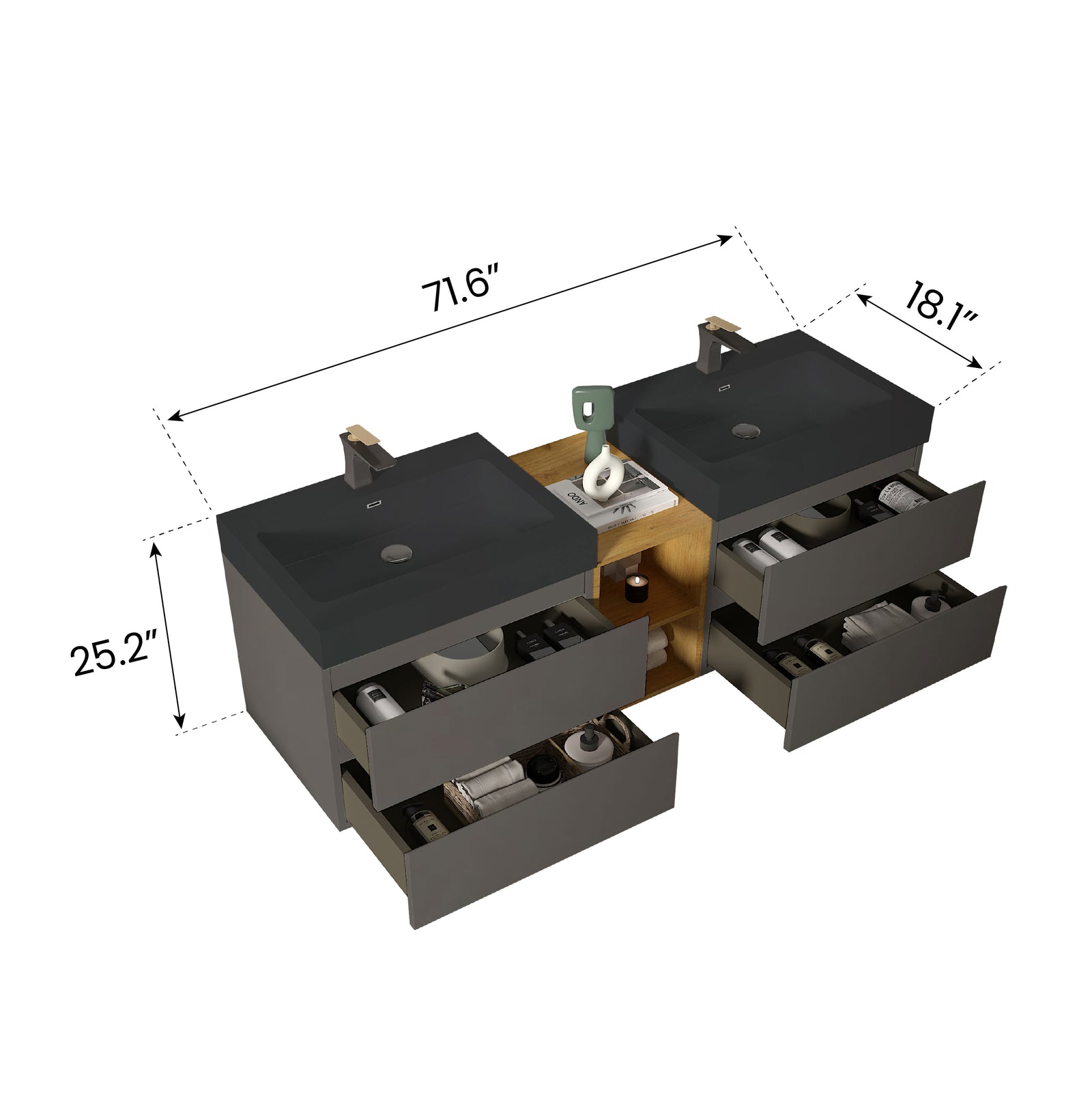 THE FURNITURE CO. Vanity Default Modern Space Gray Bathroom Vanity with Double Sinks and Open Shelf In Space Gray