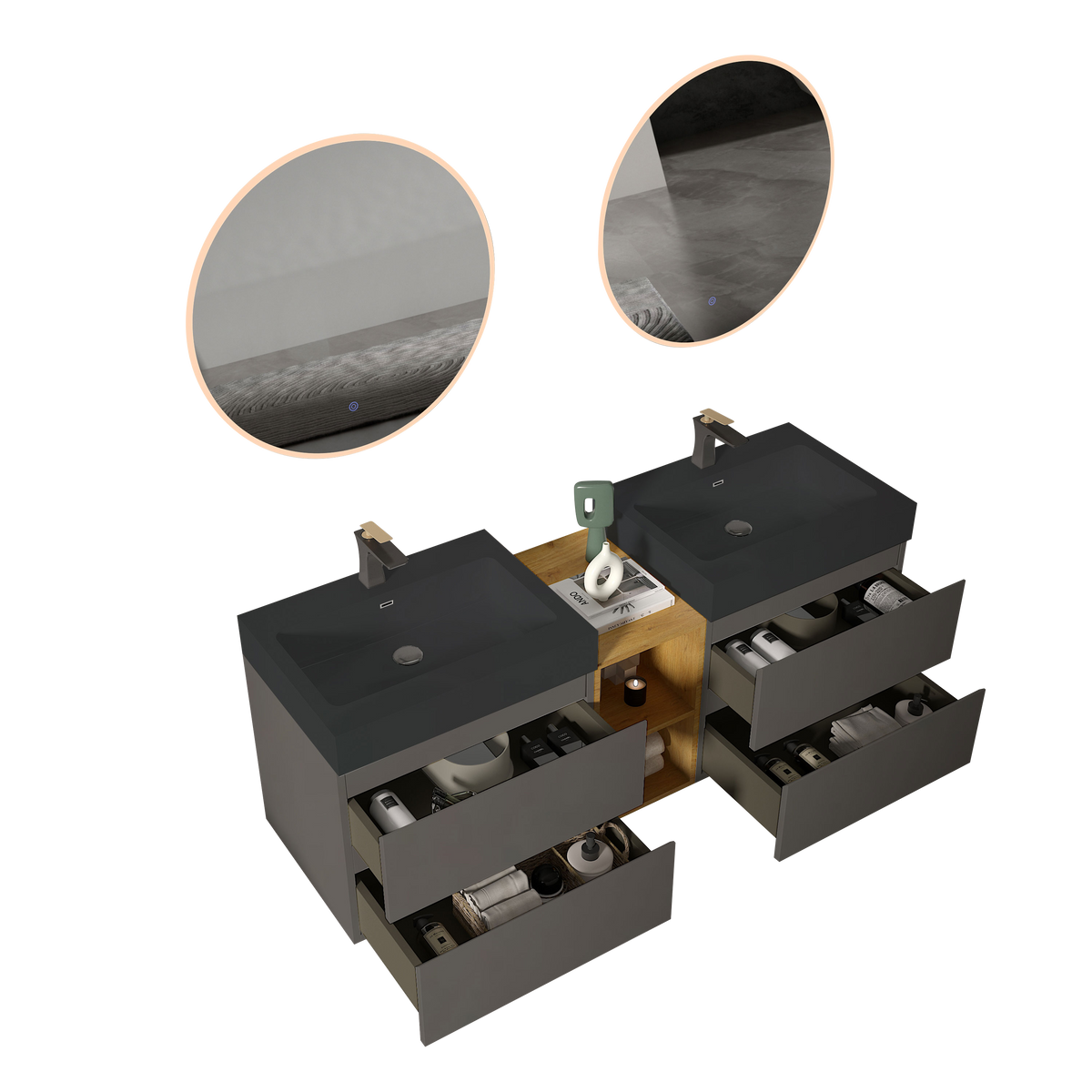 THE FURNITURE CO. Vanity Default Modern Space Grey Bathroom Vanity with Double Sinks and Open Shelf In Space Grey