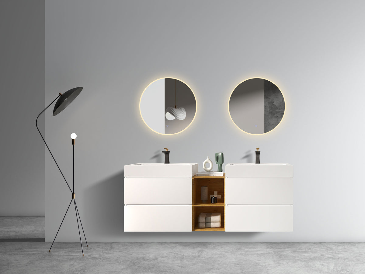 THE FURNITURE CO. Vanity Default Modern Wall Mounted White Bathroom Vanity with Double Sinks Open Shelf One-Piece Sink Basin In White