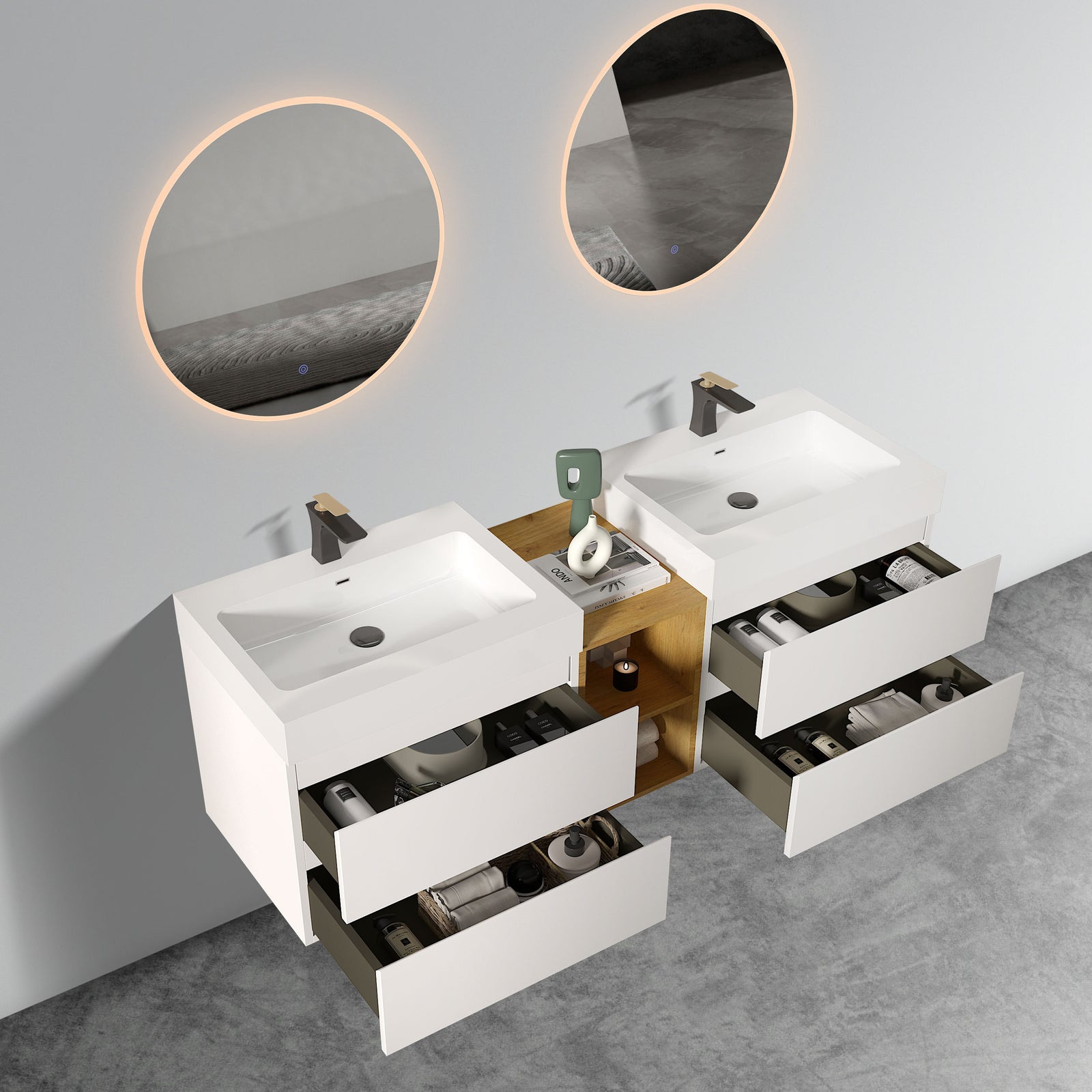 THE FURNITURE CO. Vanity Default Modern Wall Mounted White Bathroom Vanity with Double Sinks Open Shelf One-Piece Sink Basin In White