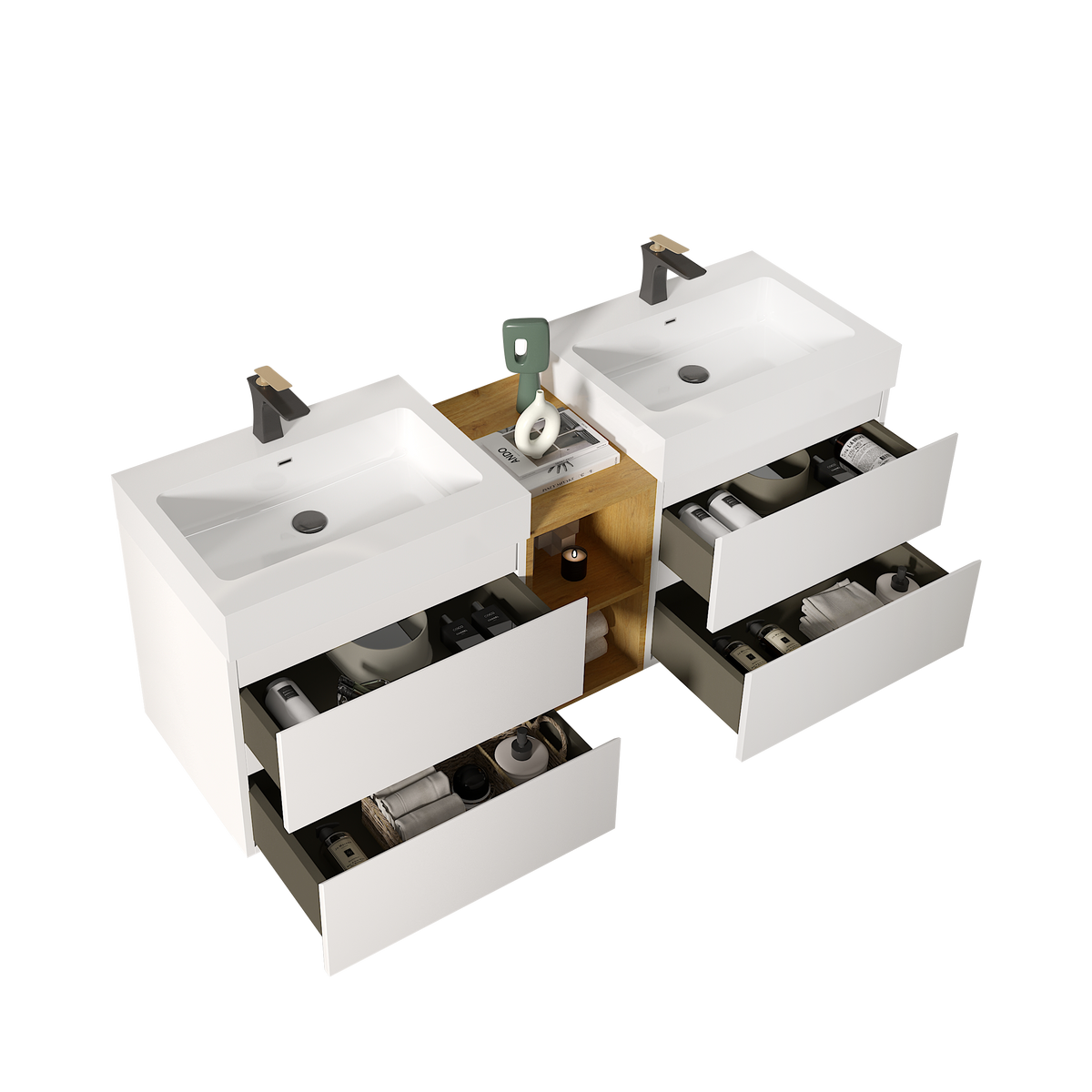 THE FURNITURE CO. Vanity Default Modern White Bathroom Vanity with Double Sinks and Open Shelf Wall Mounted Floating Design One-Piece Sink In White