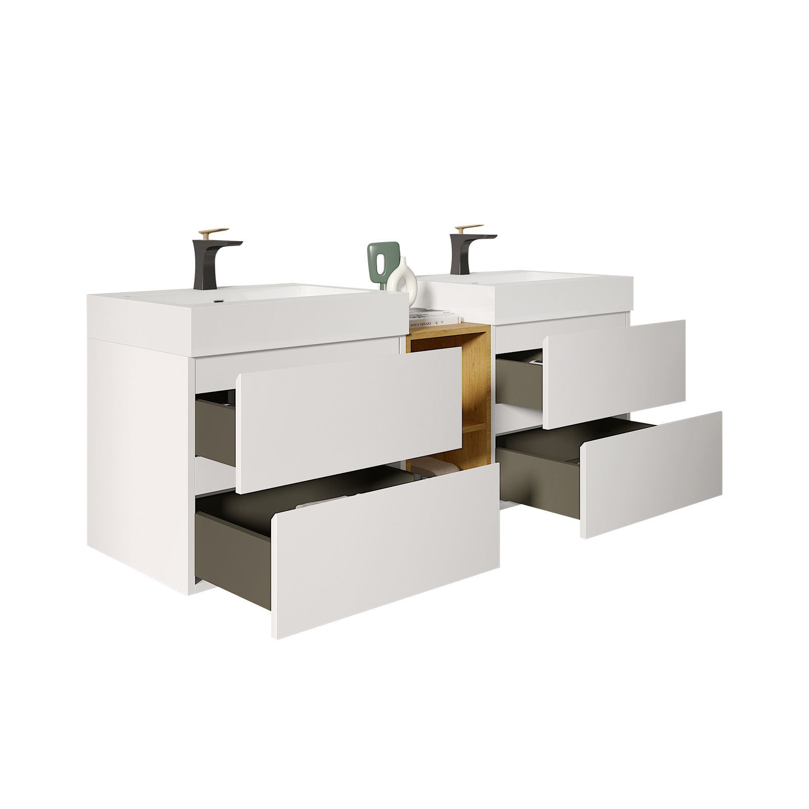 THE FURNITURE CO. Vanity Default Modern White Bathroom Vanity with Double Sinks and Open Shelf Wall Mounted Floating Design One-Piece Sink In White