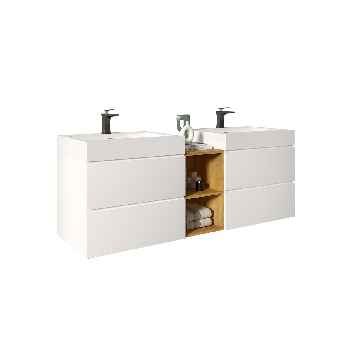 THE FURNITURE CO. Vanity Default Modern White Bathroom Vanity with Double Sinks and Open Shelf Wall Mounted Floating Design One-Piece Sink In White
