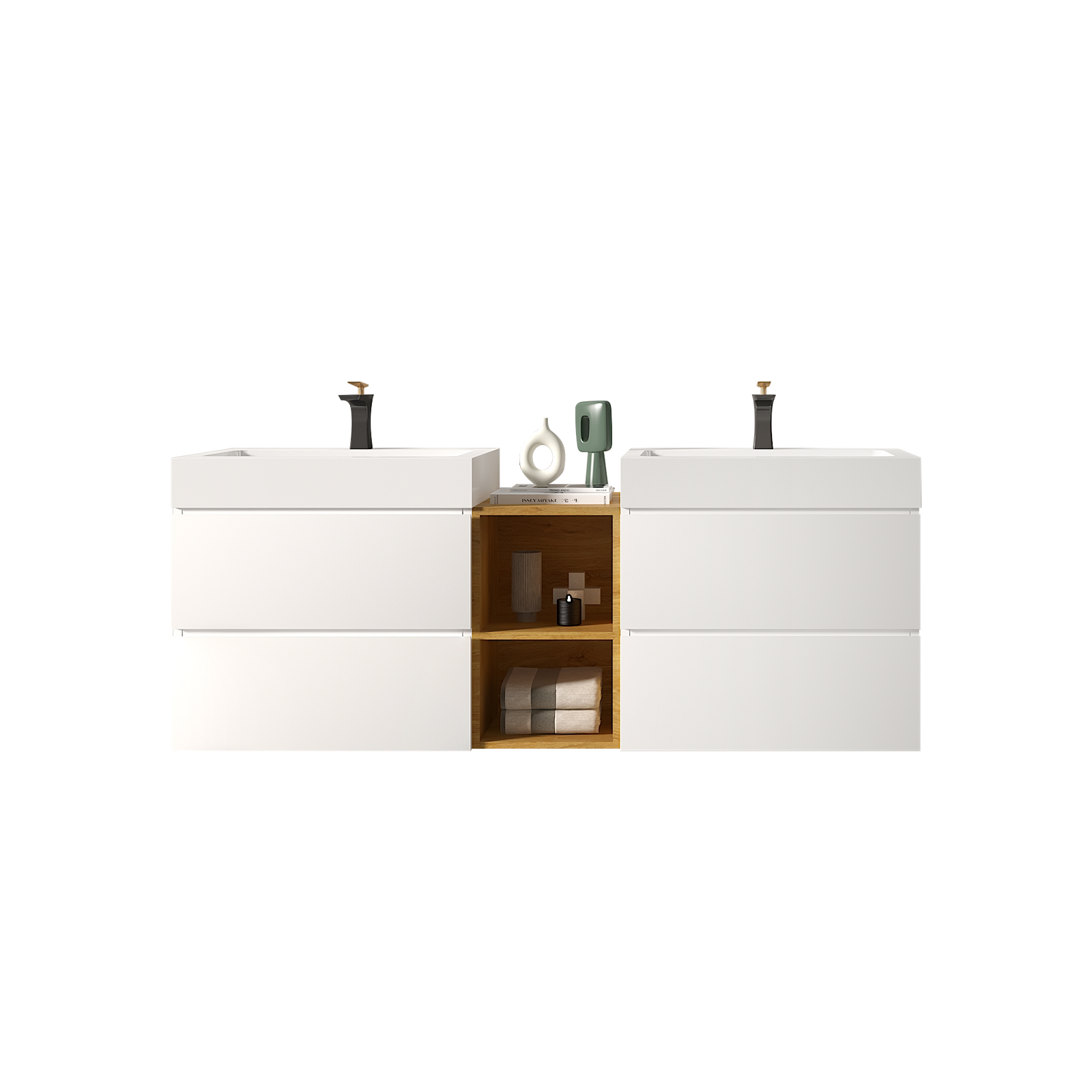 THE FURNITURE CO. Vanity Default Modern White Bathroom Vanity with Double Sinks and Open Shelf Wall Mounted Floating Design One-Piece Sink In White