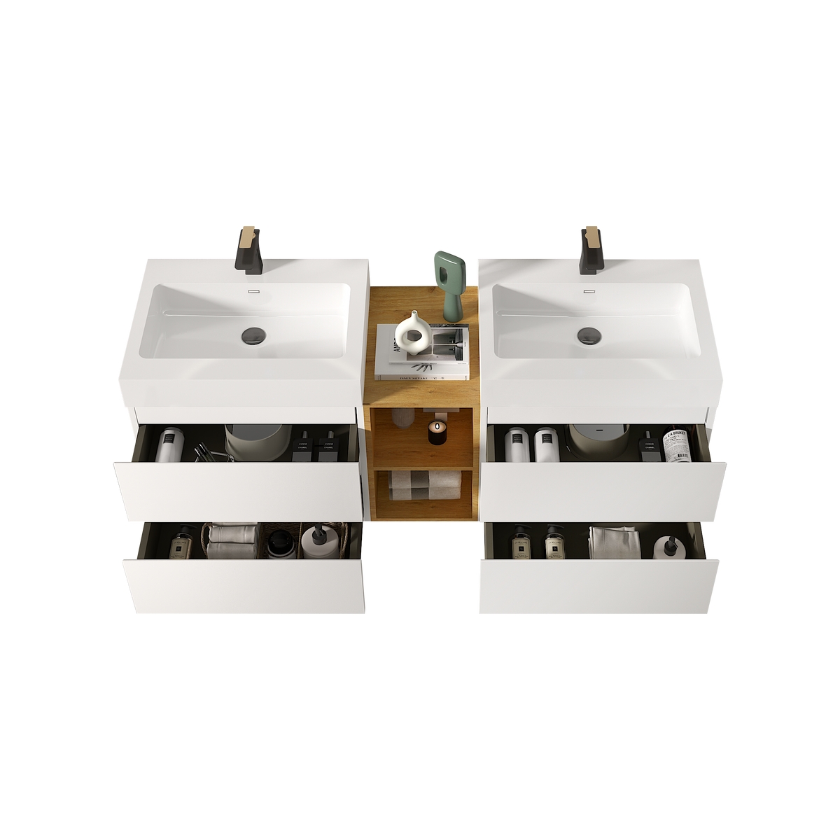 THE FURNITURE CO. Vanity Default Modern White Bathroom Vanity with Double Sinks and Open Shelf Wall Mounted Floating Design One-Piece Sink In White