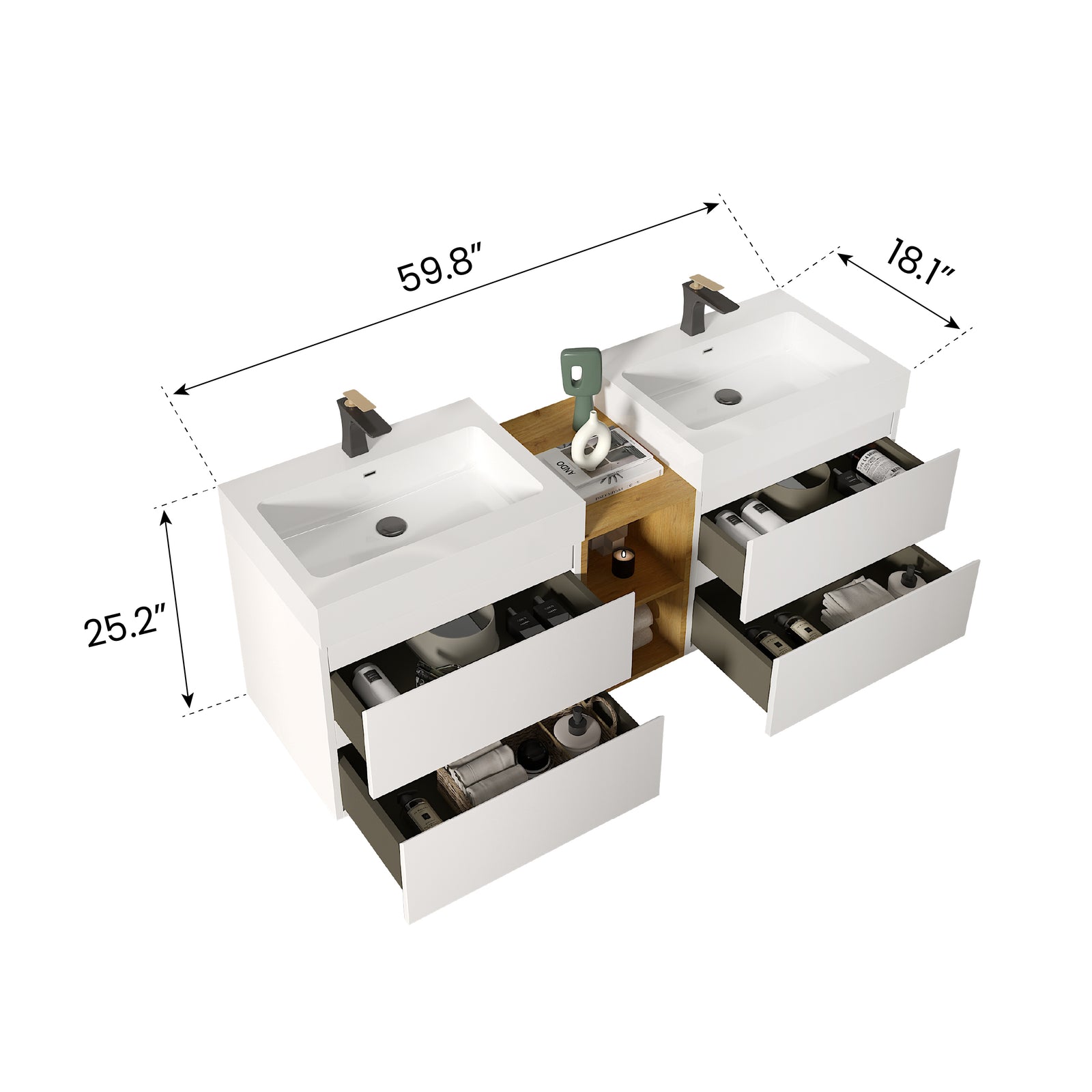 THE FURNITURE CO. Vanity Default Modern White Bathroom Vanity with Double Sinks and Open Shelf Wall Mounted Floating Design One-Piece Sink In White