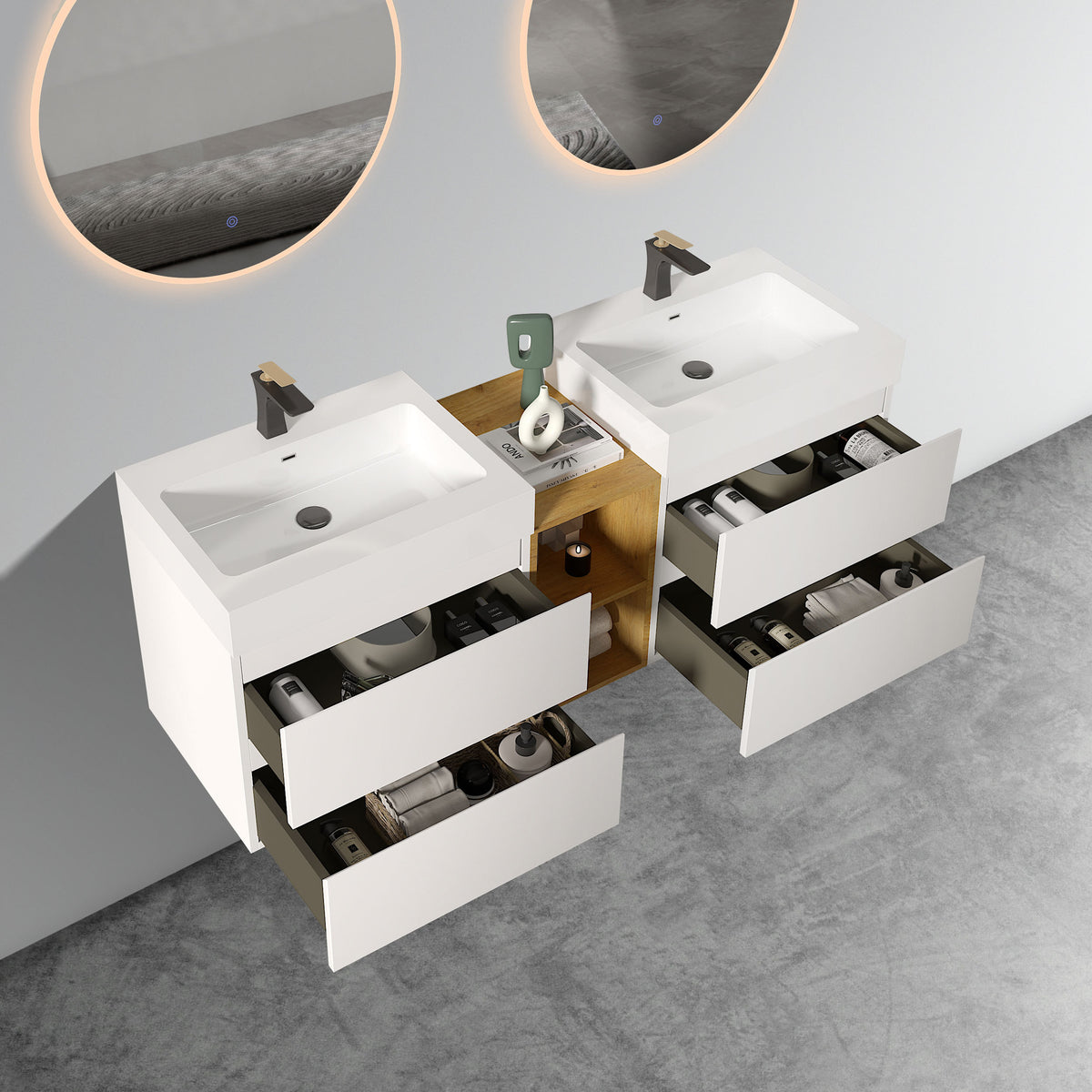 THE FURNITURE CO. Vanity Default Modern White Bathroom Vanity with Double Sinks and Open Shelf Wall Mounted Floating Design One-Piece Sink In White
