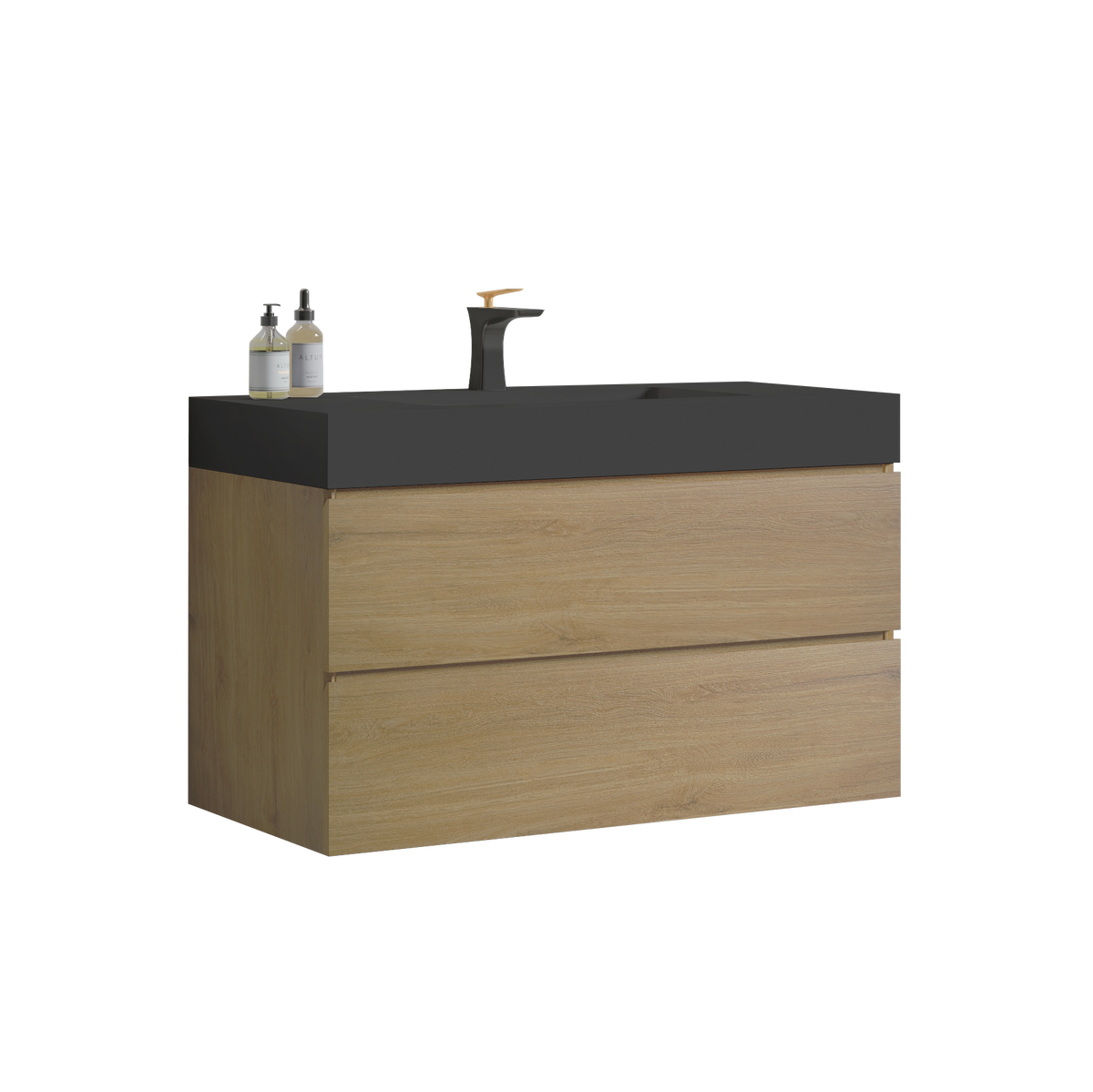 THE FURNITURE CO. Vanity Default Natural Oak Bathroom Vanity with Large Storage and Black Sink In Natural Oak