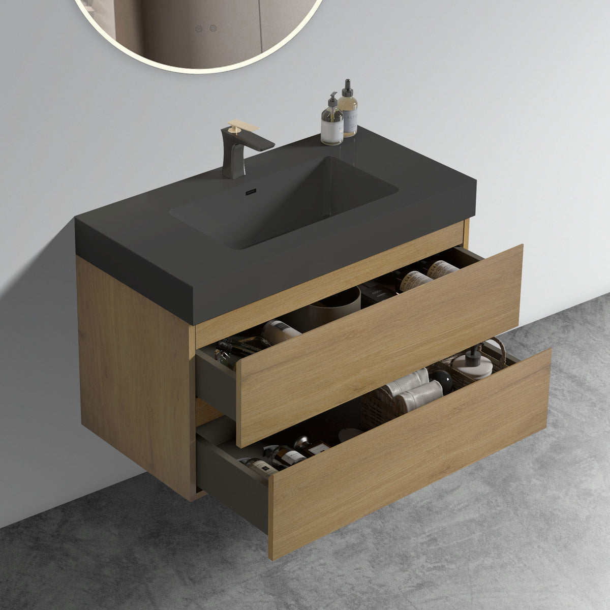 THE FURNITURE CO. Vanity Default Natural Oak Bathroom Vanity with Large Storage and Black Sink In Natural Oak