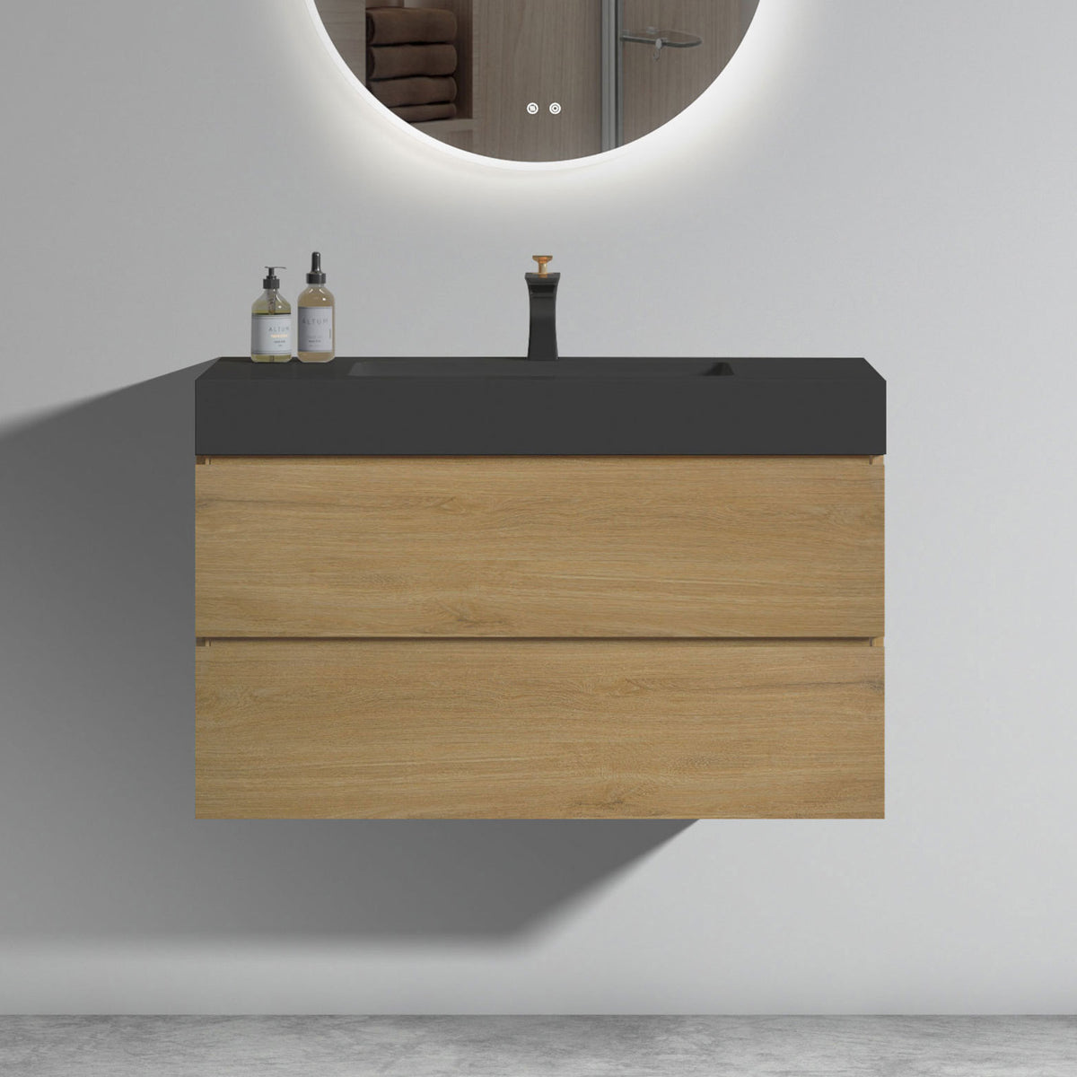 THE FURNITURE CO. Vanity Default Natural Oak Bathroom Vanity with Large Storage and Black Sink In Natural Oak