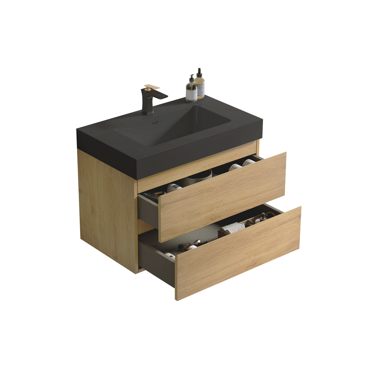 THE FURNITURE CO. Vanity Default Natural Oak Wall Mounted Bathroom Vanity with One-Piece Black Sink Basin and Ample Storage In Light Oak