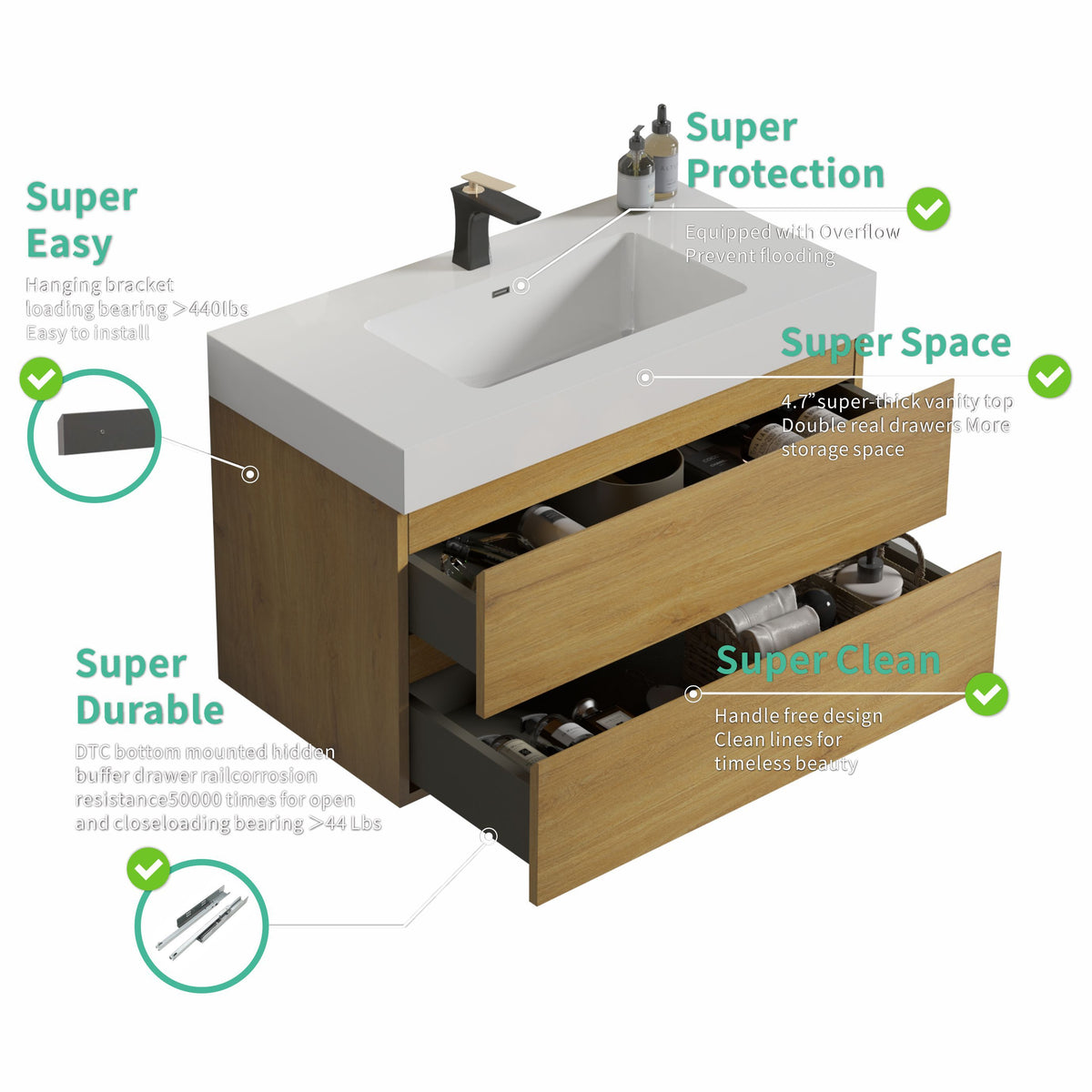 THE FURNITURE CO. Vanity Default Natural Oak Wall Mounted Bathroom Vanity with Sink Large Storage Floating Design In Natural Oak