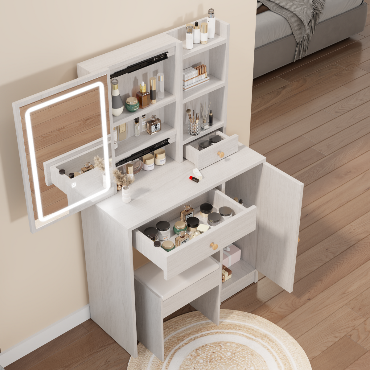 THE FURNITURE CO. Vanity Default Right Cabinet Desktop Vanity Table With Cushioned Stool Extra Large Sliding LED Mirror Touch Control Brightness Adjustable In White Oak