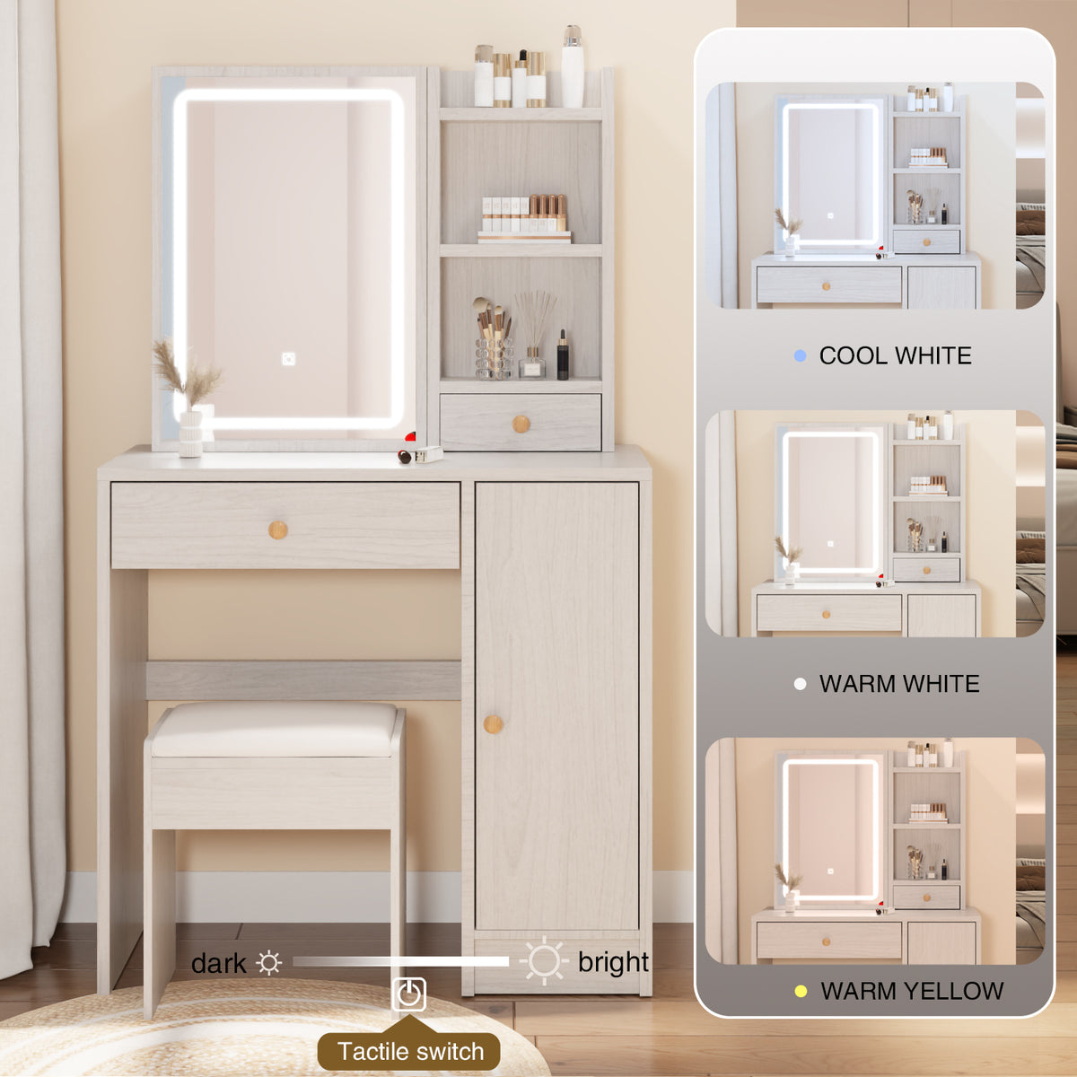 THE FURNITURE CO. Vanity Default Right Cabinet Desktop Vanity Table With Cushioned Stool Extra Large Sliding LED Mirror Touch Control Brightness Adjustable In White Oak