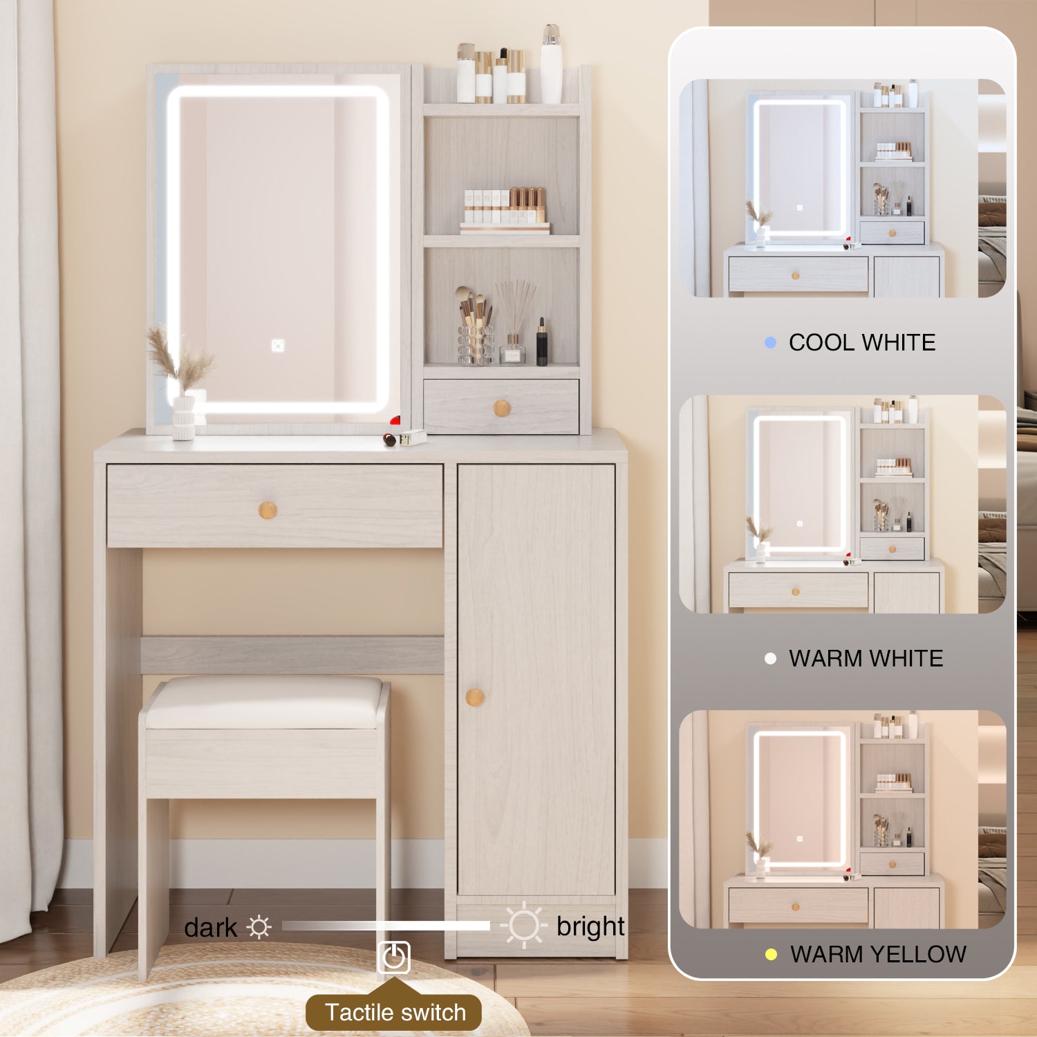 THE FURNITURE CO. Vanity Default Right Cabinet Desktop Vanity Table With Cushioned Stool Extra Large Sliding LED Mirror Touch Control Brightness Adjustable In White Oak