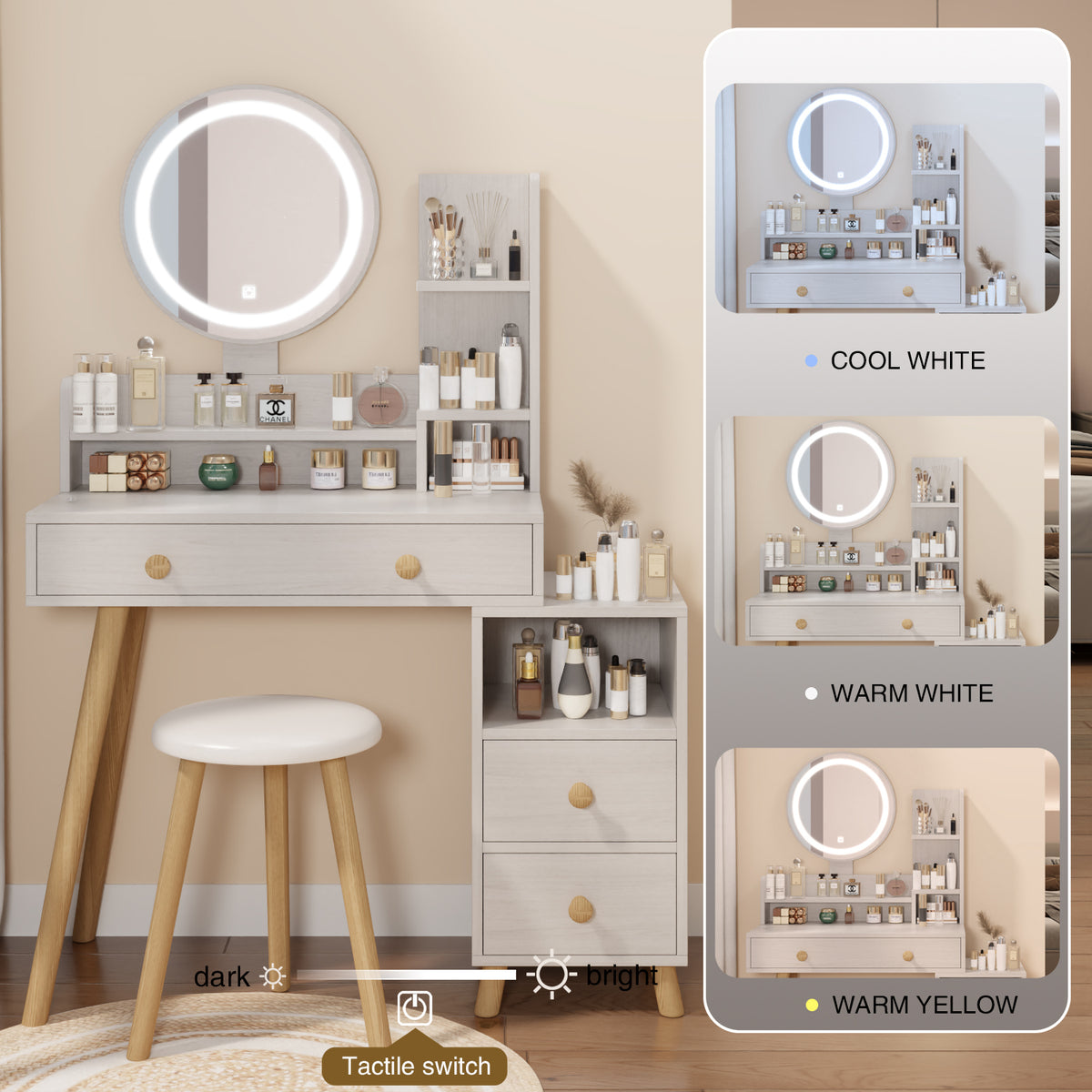 THE FURNITURE CO. Vanity Default Round Mirror Bedside Cabinet Vanity Table With Cushioned Stool 17 Inch LED Touch Control Adjustable Brightness In White Oak