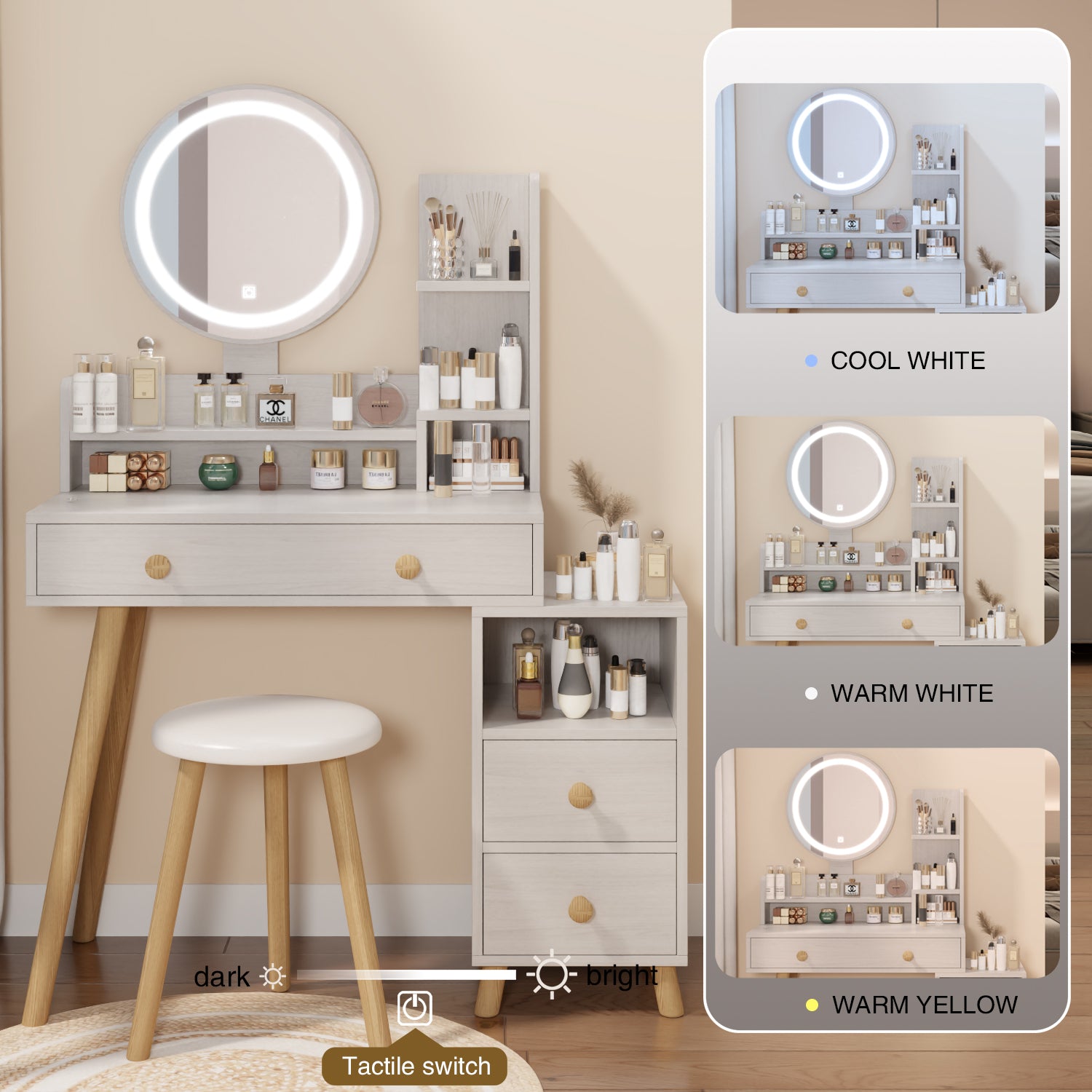 THE FURNITURE CO. Vanity Default Round Mirror Bedside Cabinet Vanity Table With Cushioned Stool 17 Inch LED Touch Control Adjustable Brightness In White Oak