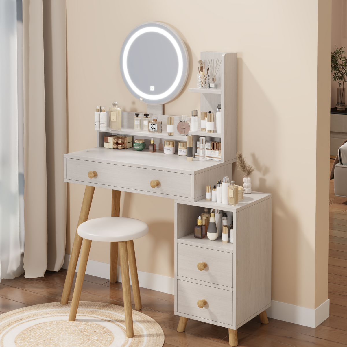 THE FURNITURE CO. Vanity Default Round Mirror Bedside Cabinet Vanity Table With Cushioned Stool 17 Inch LED Touch Control Adjustable Brightness In White Oak