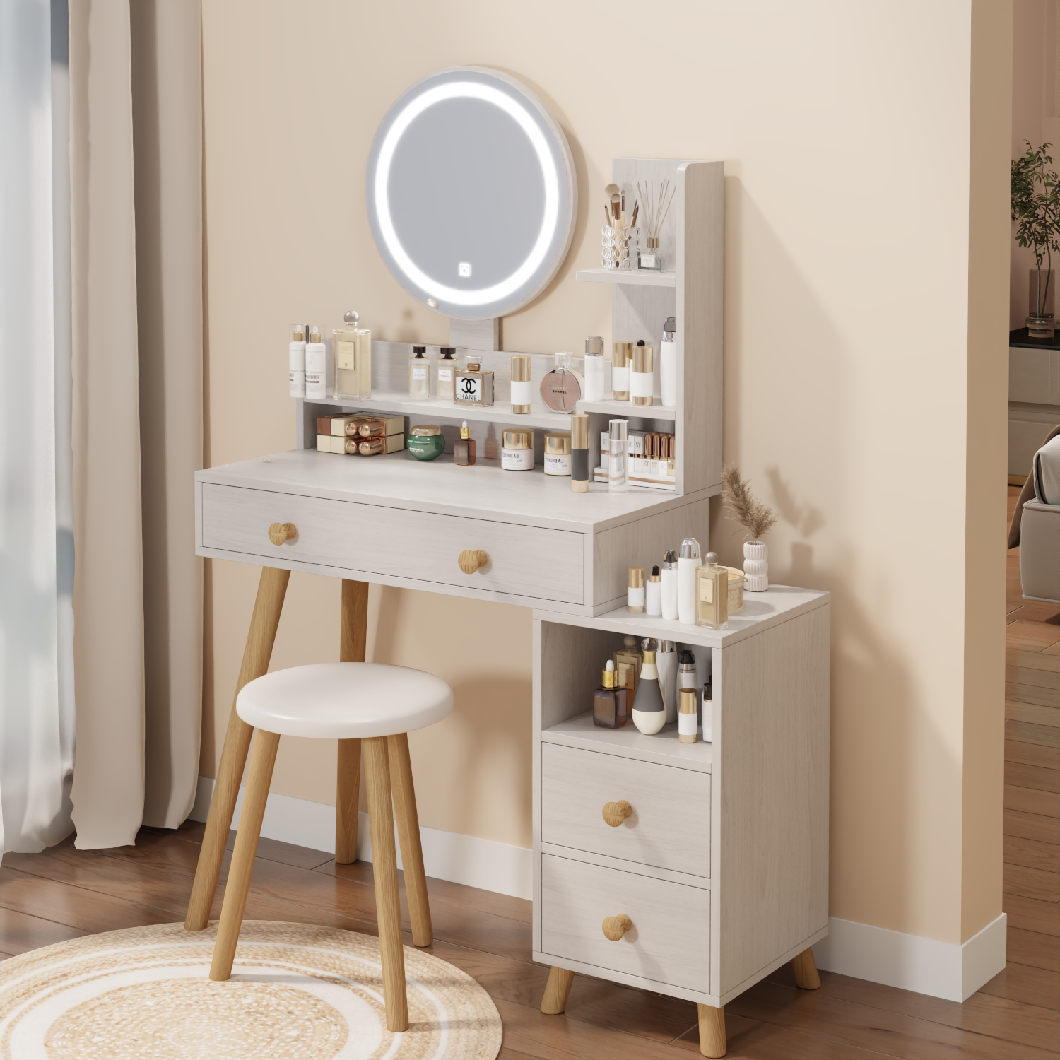 THE FURNITURE CO. Vanity Default Round Mirror Bedside Cabinet Vanity Table With Cushioned Stool 17 Inch LED Touch Control Adjustable Brightness In White Oak
