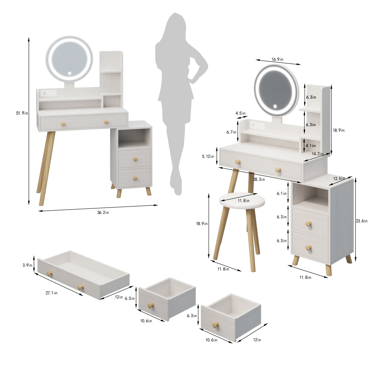 THE FURNITURE CO. Vanity Default Round Mirror Bedside Cabinet Vanity Table With Cushioned Stool 17 Inch LED Touch Control Adjustable Brightness In White Oak