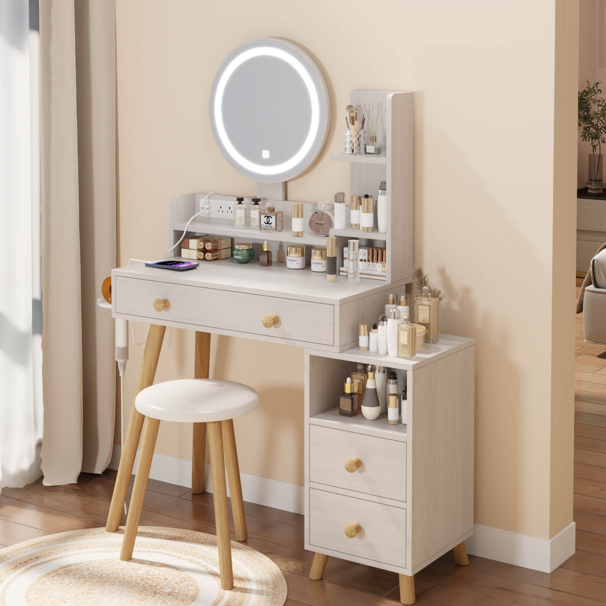 THE FURNITURE CO. Vanity Default Round Mirror Bedside Cabinet Vanity Table With Cushioned Stool 2 AC Power 2 USB Socket 17 Inch LED Touch Control Adjustable Brightness In White Oak