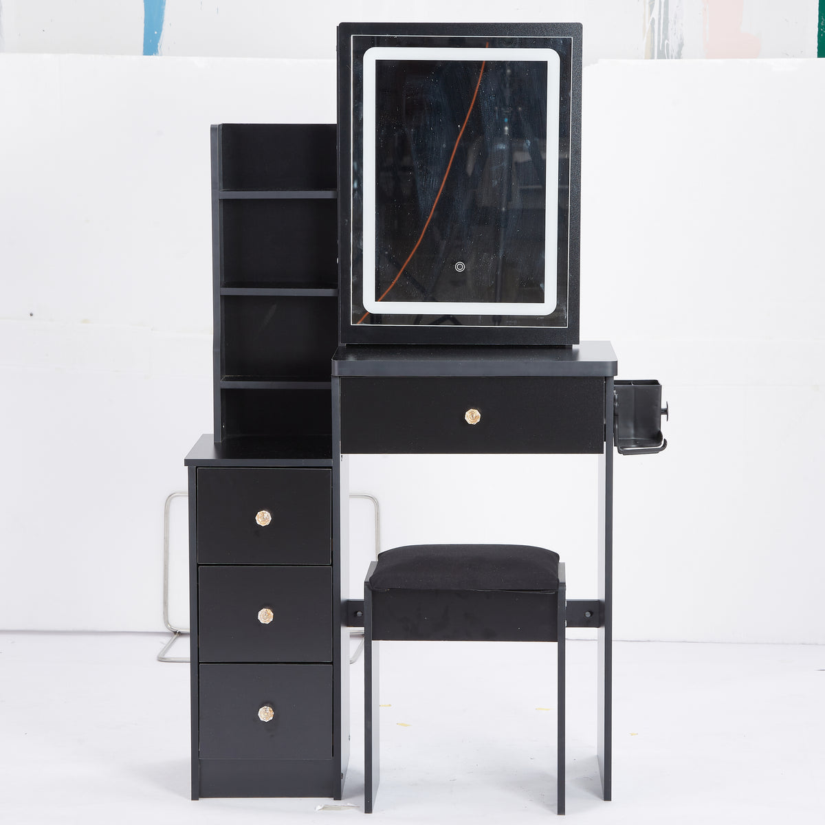 THE FURNITURE CO. Vanity Default Small Size Left Bedside Cabinet Vanity Table With Cushioned Stool 2 AC 2 USB Power Station Large Touch Control Sliding LED Mirror In Black