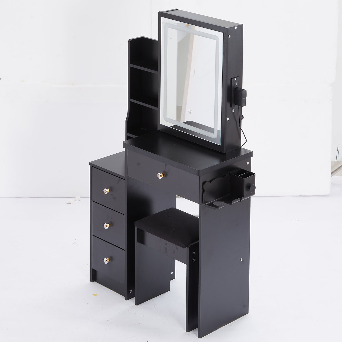THE FURNITURE CO. Vanity Default Small Size Left Bedside Cabinet Vanity Table With Cushioned Stool 2 AC 2 USB Power Station Large Touch Control Sliding LED Mirror In Black