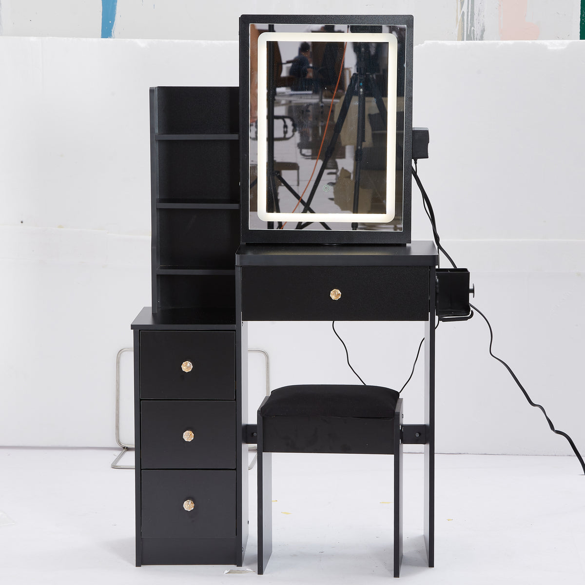 THE FURNITURE CO. Vanity Default Small Size Left Bedside Cabinet Vanity Table With Cushioned Stool 2 AC 2 USB Power Station Large Touch Control Sliding LED Mirror In Black