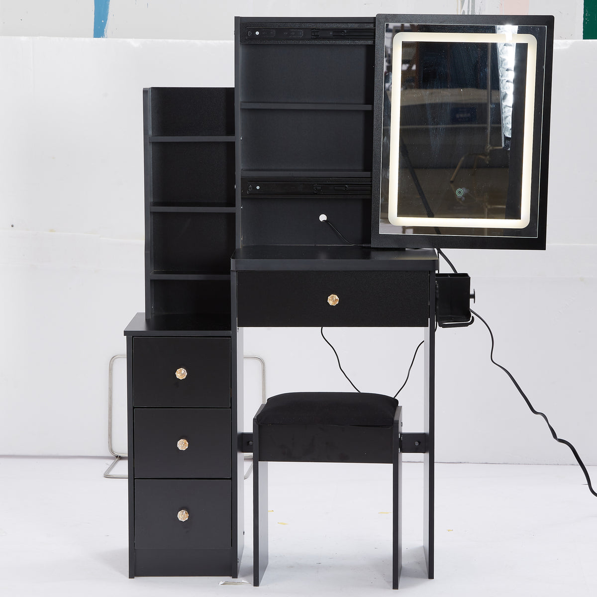 THE FURNITURE CO. Vanity Default Small Size Left Bedside Cabinet Vanity Table With Cushioned Stool 2 AC 2 USB Power Station Large Touch Control Sliding LED Mirror In Black