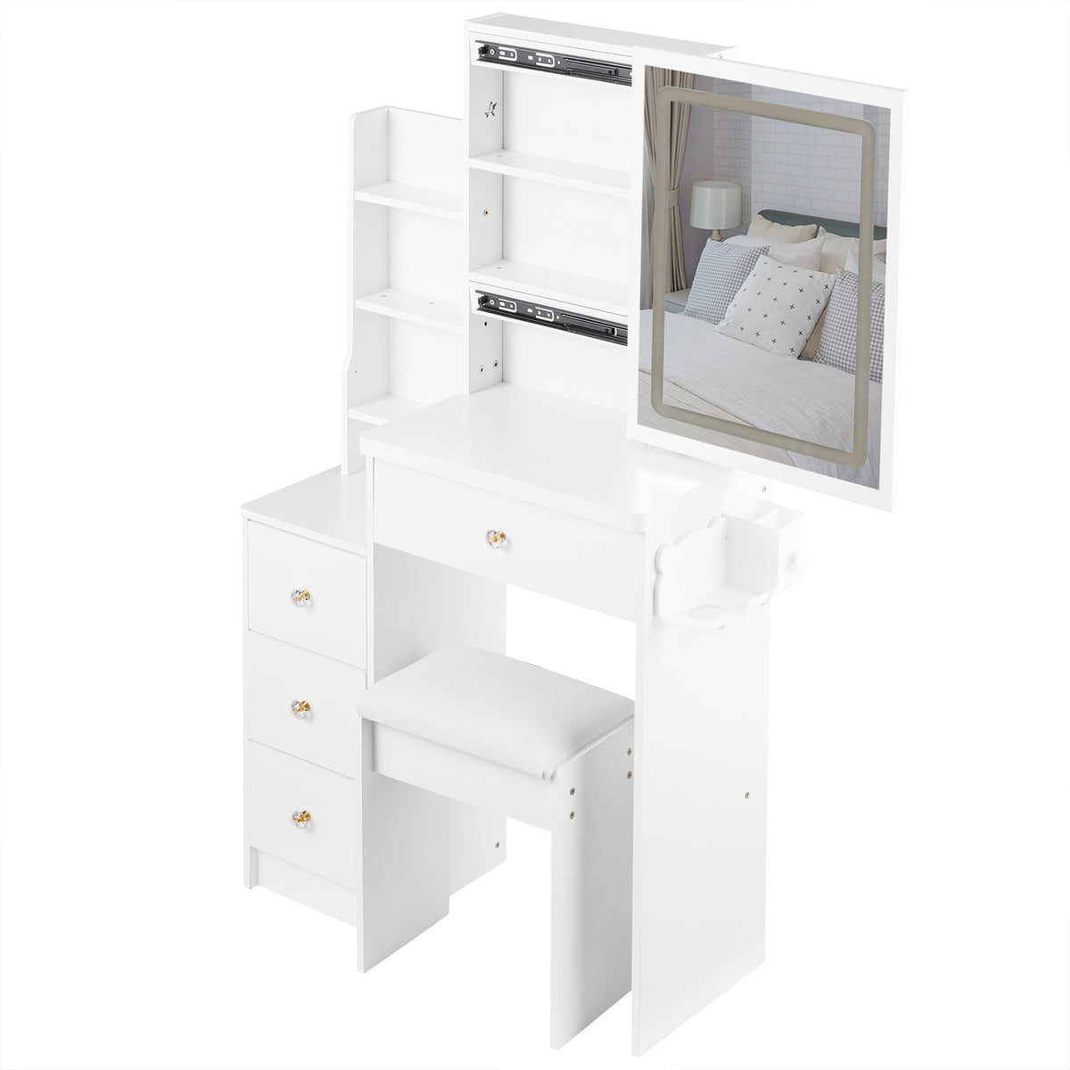 THE FURNITURE CO. Vanity Default Small Size Left Bedside Cabinet Vanity Table With Cushioned Stool 2 AC 2 USB Power Station Touch Control LED Mirror Tri-color Switching In White