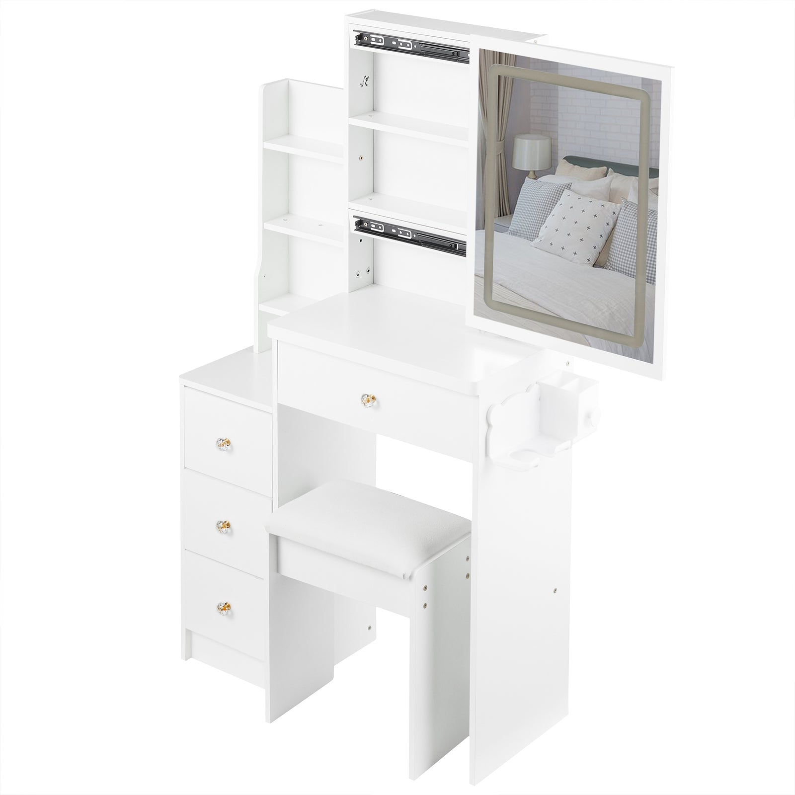 THE FURNITURE CO. Vanity Default Small Size Left Bedside Cabinet Vanity Table With Cushioned Stool 2 AC 2 USB Power Station Touch Control LED Mirror Tri-color Switching In White