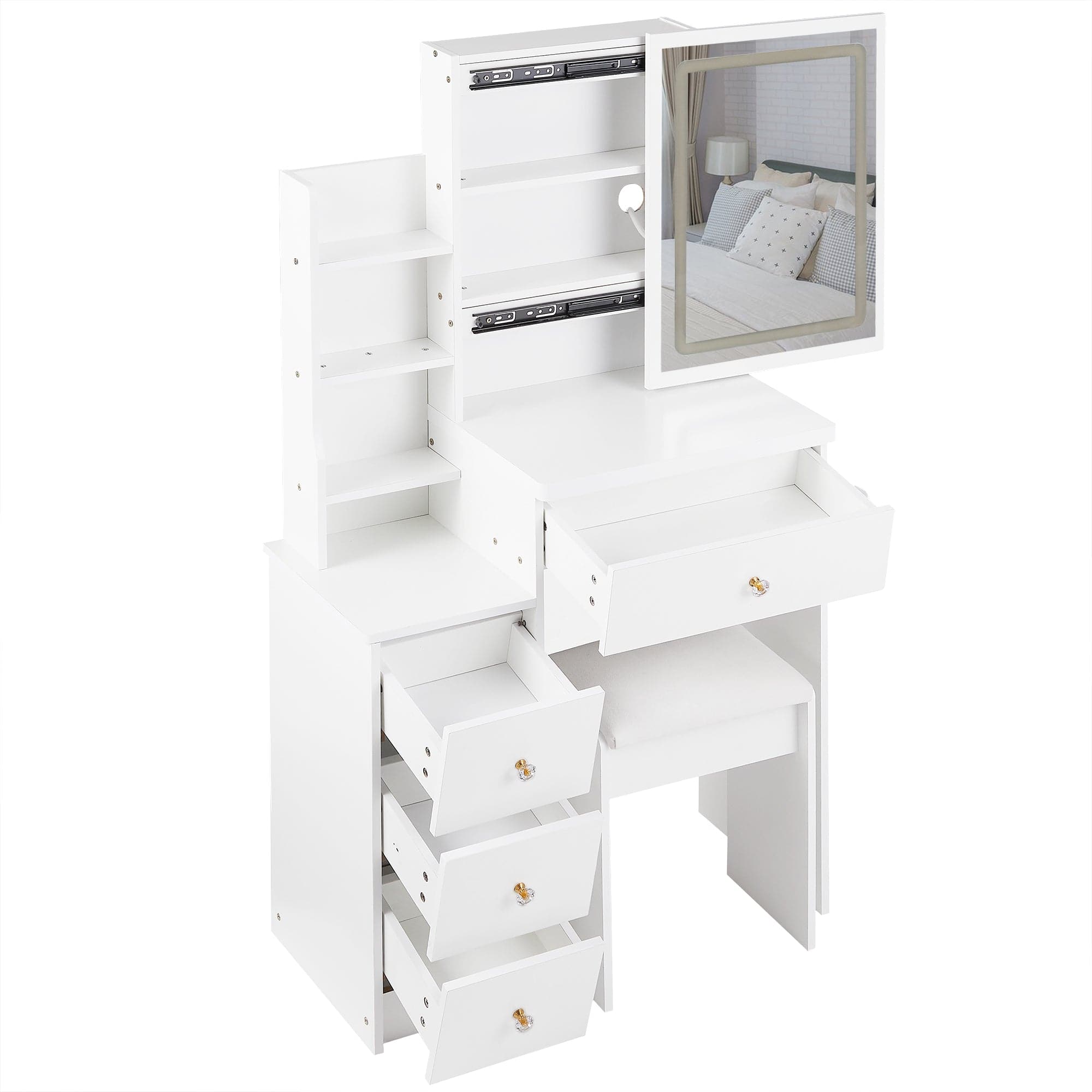 THE FURNITURE CO. Vanity Default Small Size Left Bedside Cabinet Vanity Table With Cushioned Stool 2 AC 2 USB Power Station Touch Control LED Mirror Tri-color Switching In White