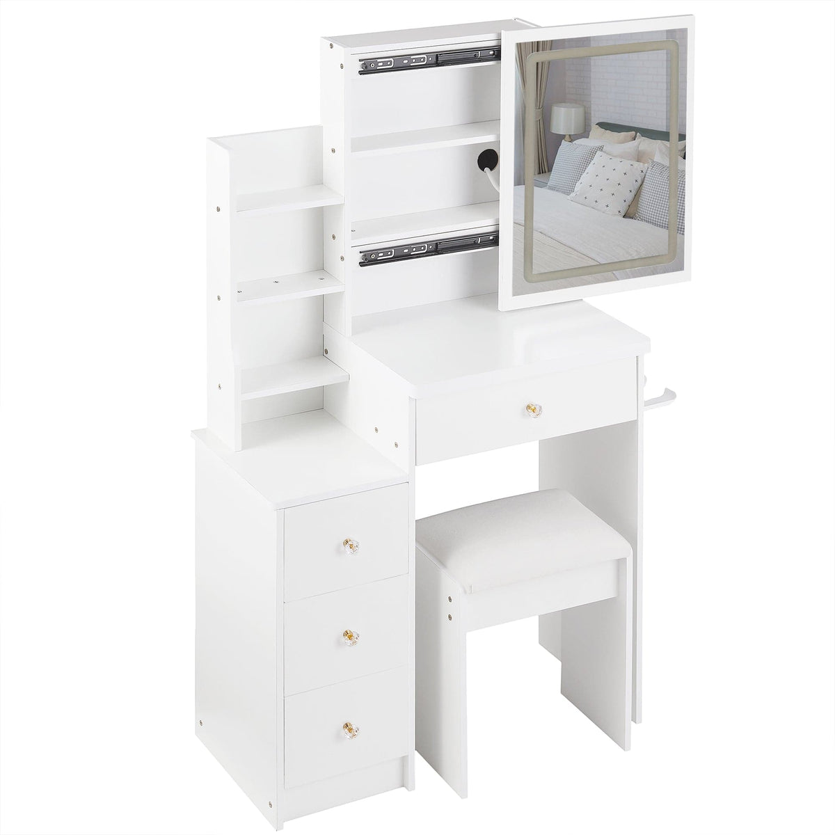 THE FURNITURE CO. Vanity Default Small Size Left Bedside Cabinet Vanity Table With Cushioned Stool 2 AC 2 USB Power Station Touch Control LED Mirror Tri-color Switching In White