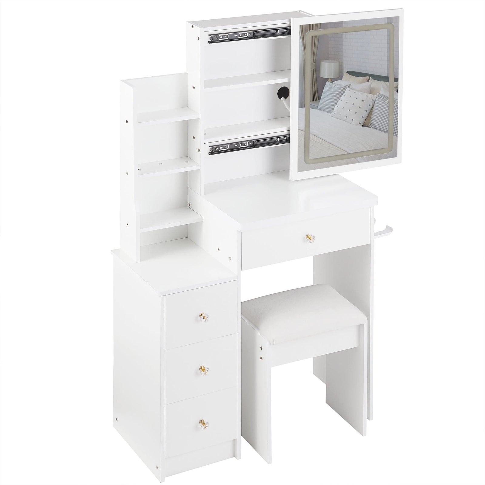 THE FURNITURE CO. Vanity Default Small Size Left Bedside Cabinet Vanity Table With Cushioned Stool 2 AC 2 USB Power Station Touch Control LED Mirror Tri-color Switching In White