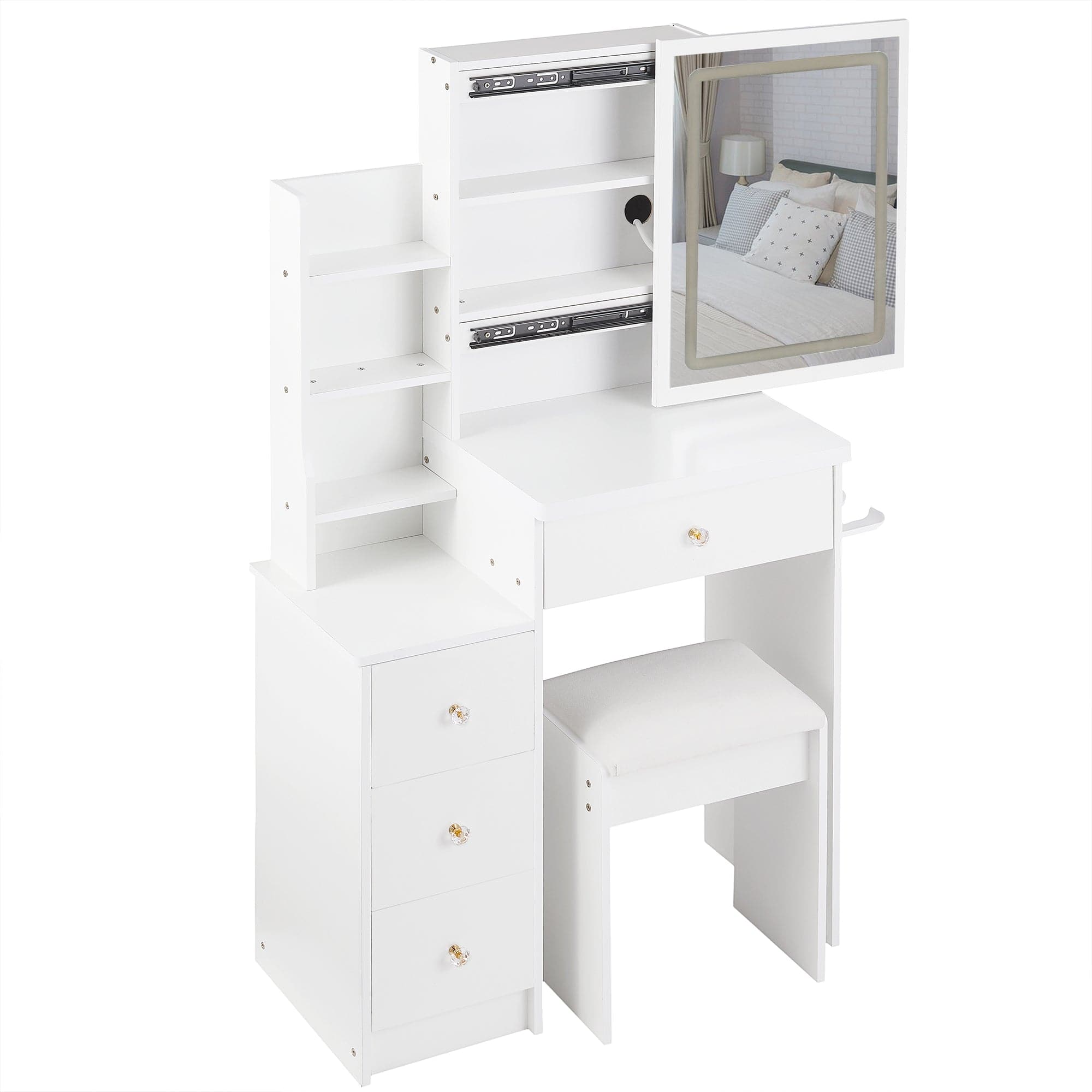 THE FURNITURE CO. Vanity Default Small Size Left Bedside Cabinet Vanity Table With Cushioned Stool 2 AC 2 USB Power Station Touch Control LED Mirror Tri-color Switching In White