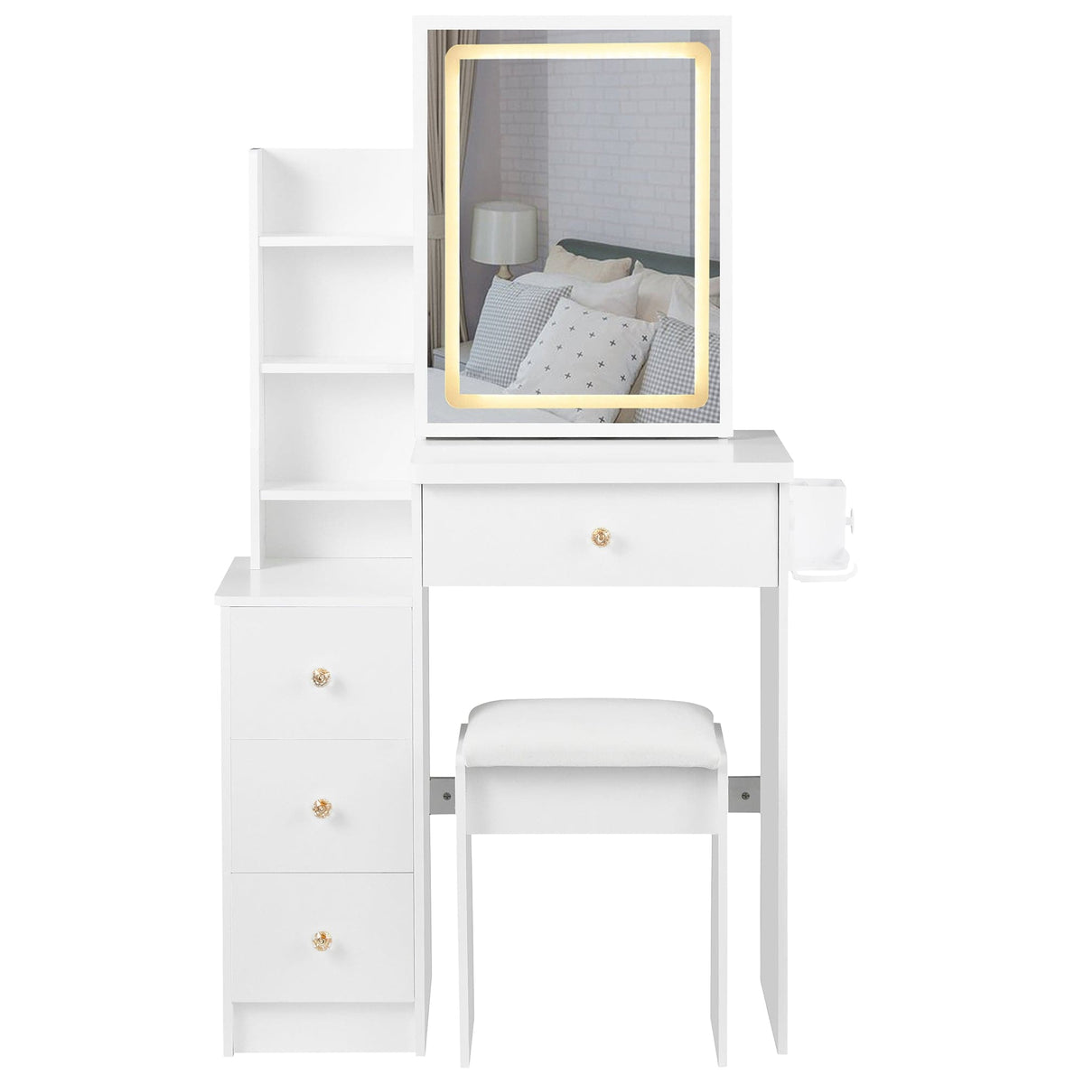 THE FURNITURE CO. Vanity Default Small Size Left Bedside Cabinet Vanity Table With Cushioned Stool 2 AC 2 USB Power Station Touch Control LED Mirror Tri-color Switching In White