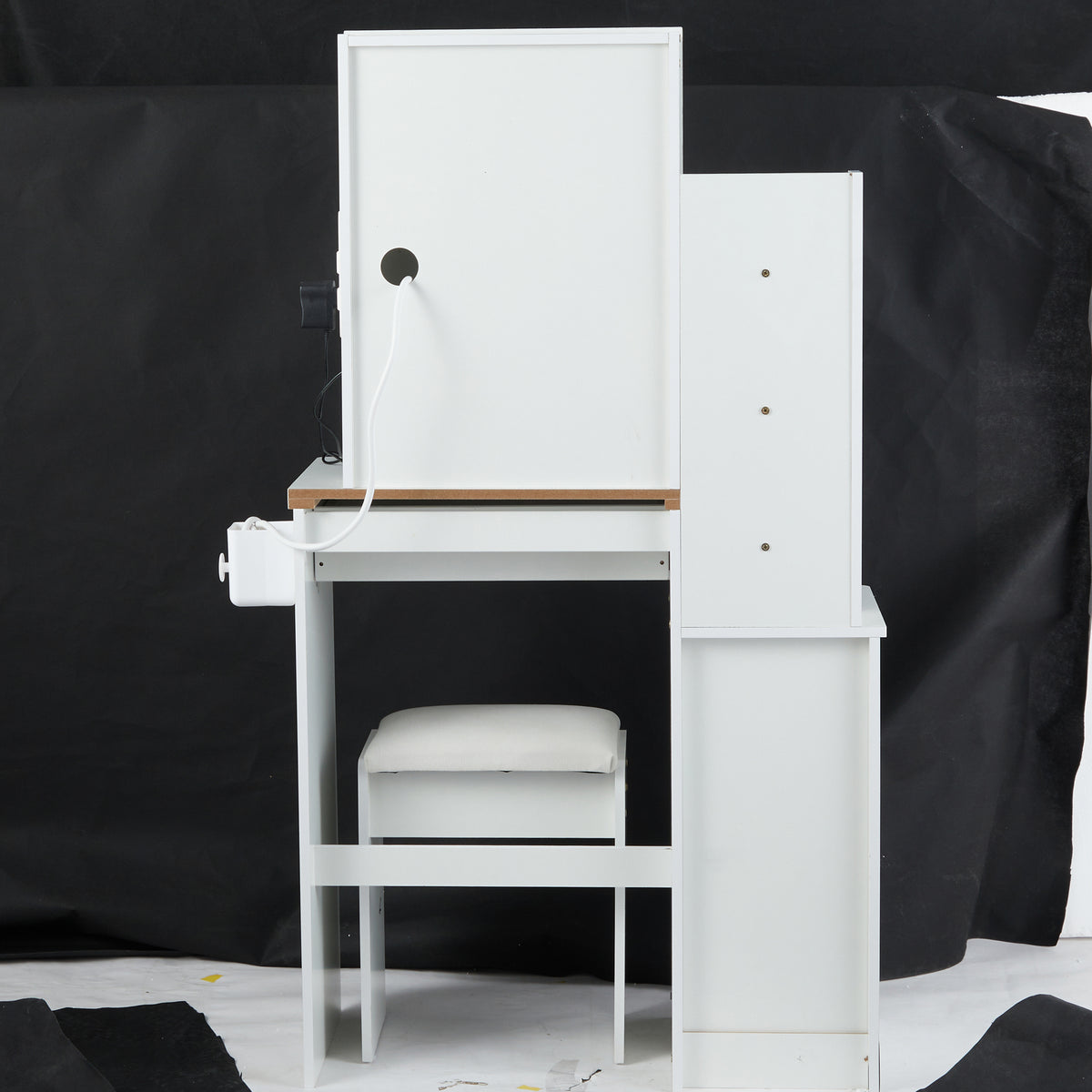 THE FURNITURE CO. Vanity Default Small Size Left Bedside Cabinet Vanity Table with Cushioned Stool and Extra Large Touch Control LED Mirror In White