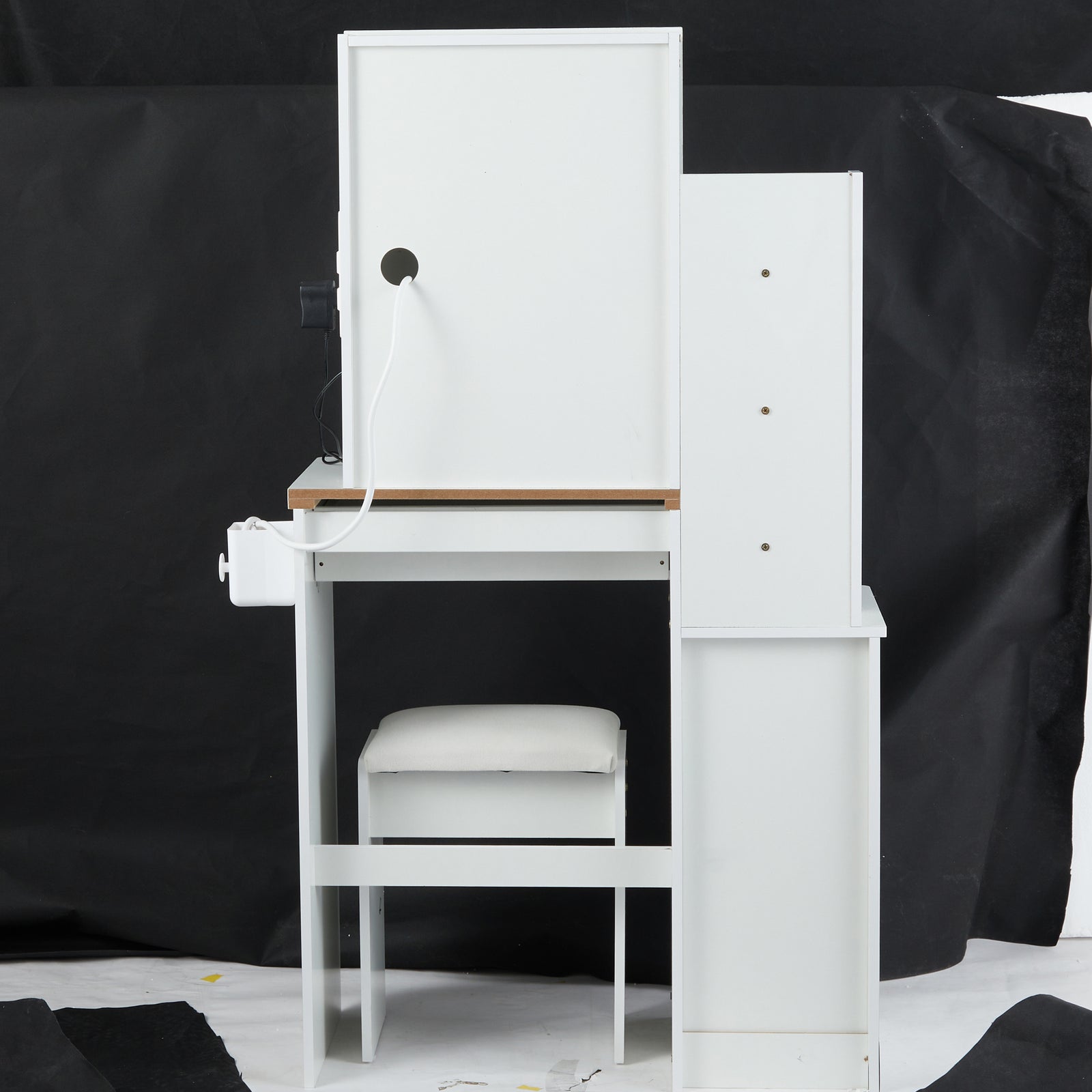 THE FURNITURE CO. Vanity Default Small Size Left Bedside Cabinet Vanity Table with Cushioned Stool and Extra Large Touch Control LED Mirror In White